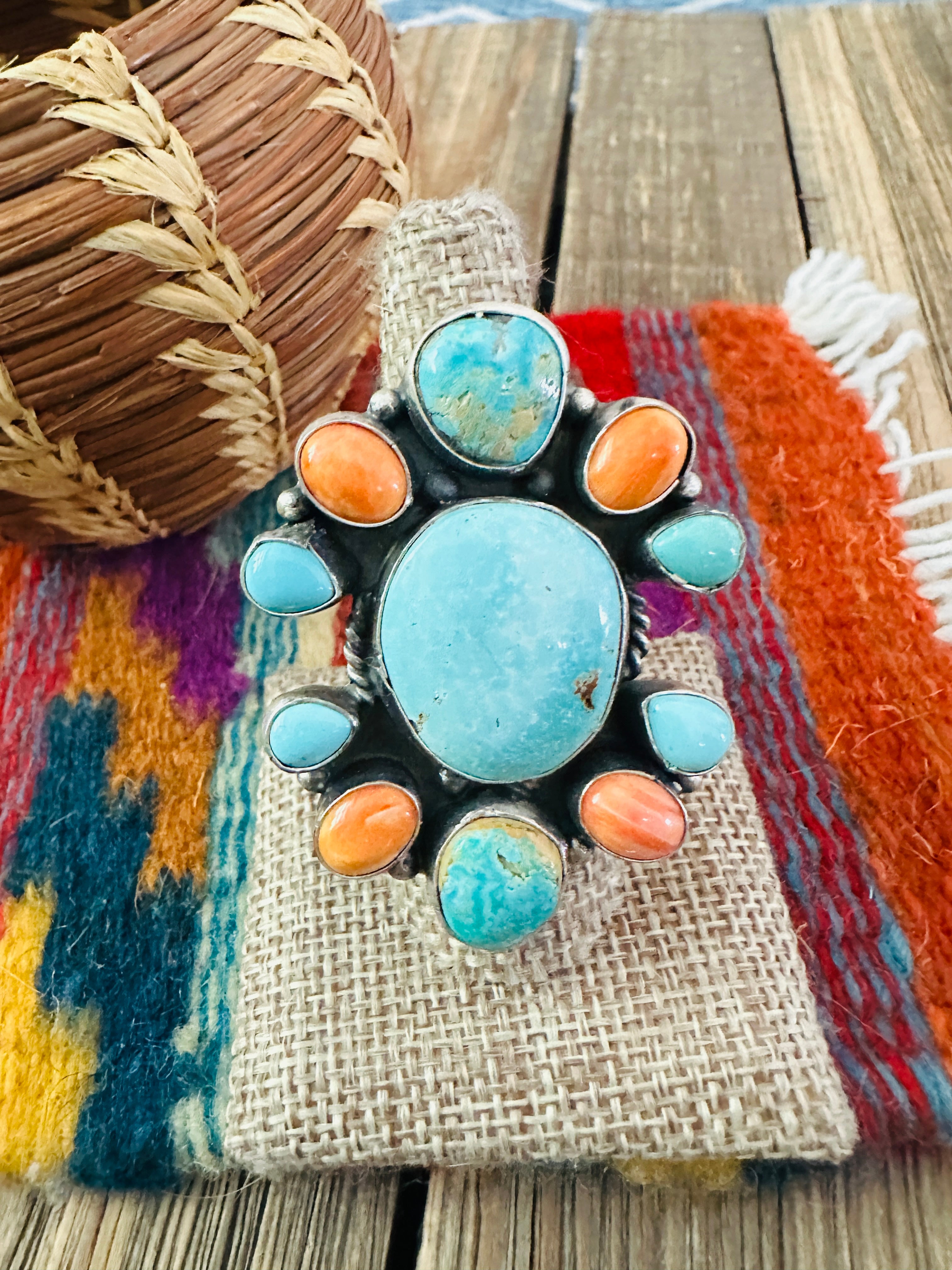 Handcrafted Spiny, Turquoise & Sterling Silver Cluster Ring Size 8.5 by Sheila Becenti