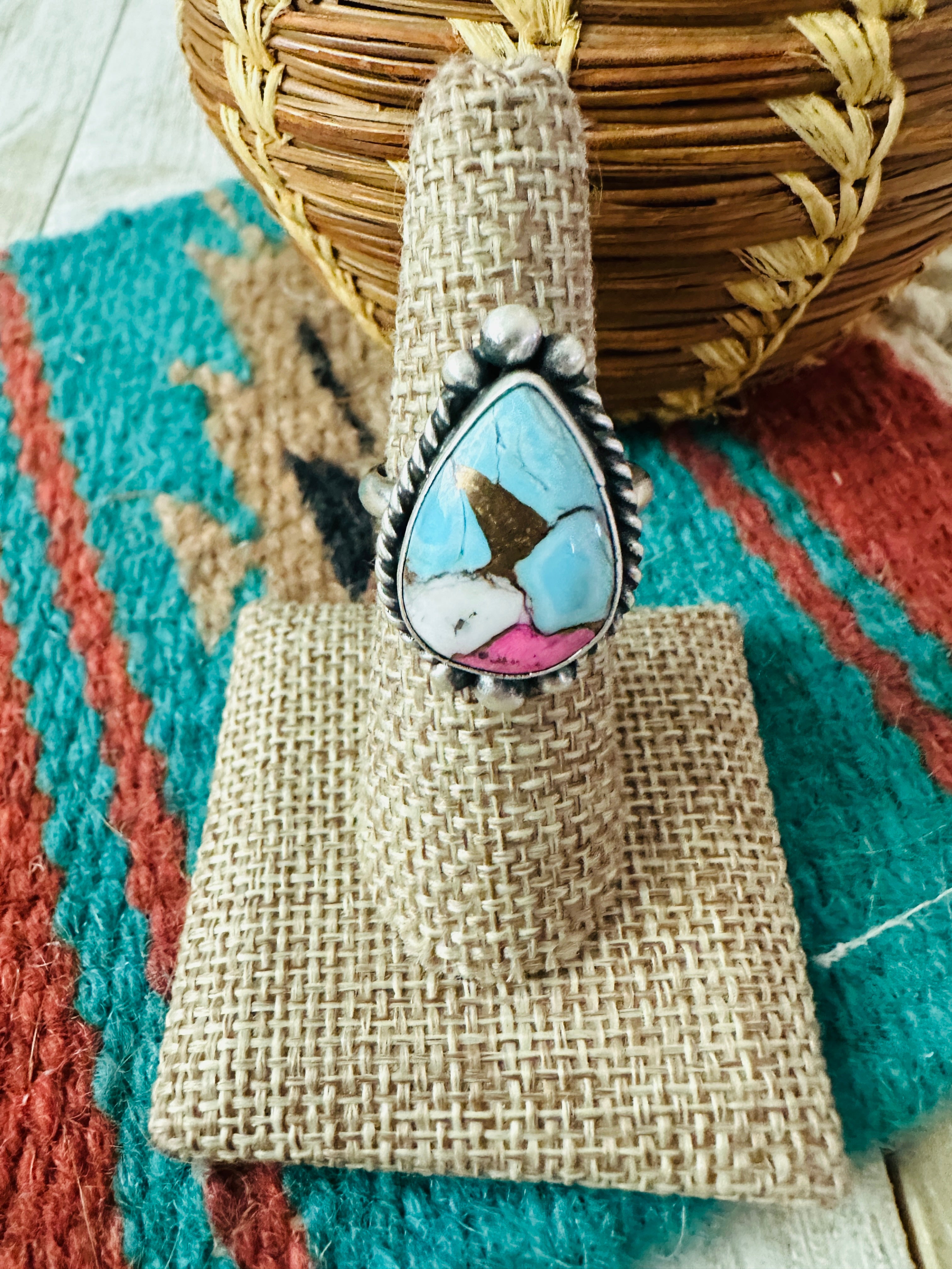 Handcrafted Sterling Silver & Cotton Candy Teardrop Adjustable Ring