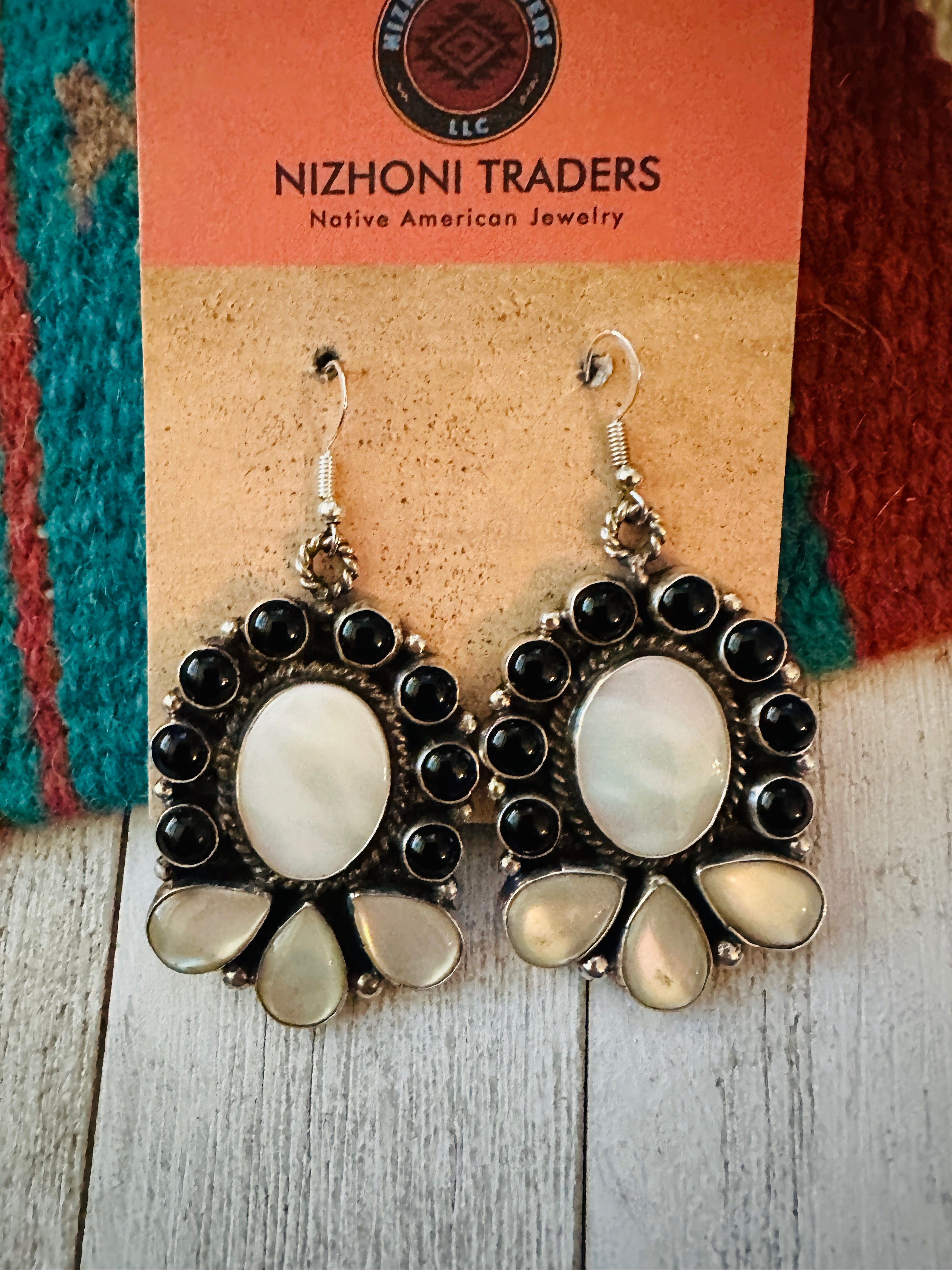 Navajo Mother of Pearl, Onyx & Sterling Silver Dangle Earrings