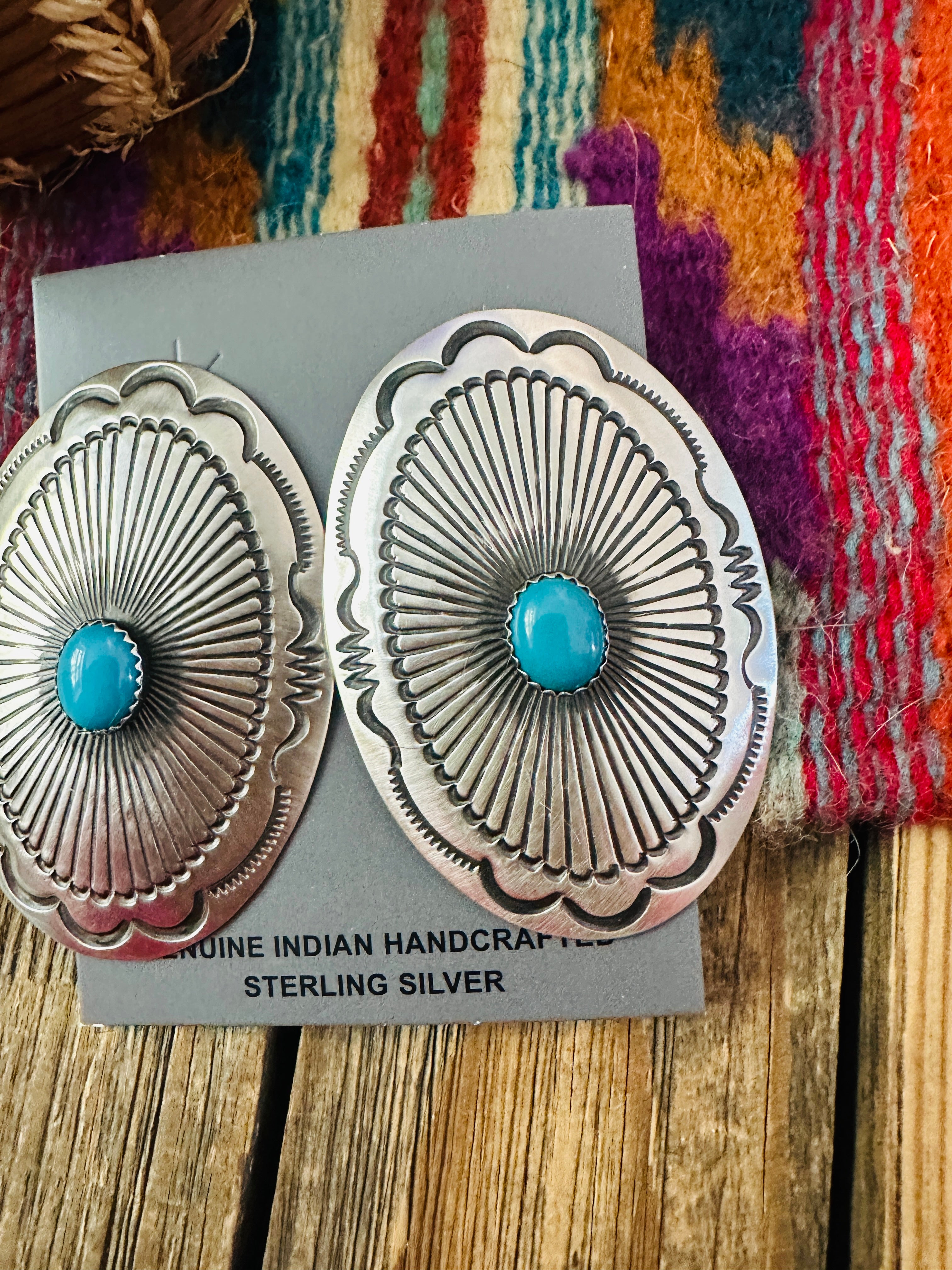 Handcrafted Turquoise & Sterling Silver Concho Post Earrings by Leander Tahe