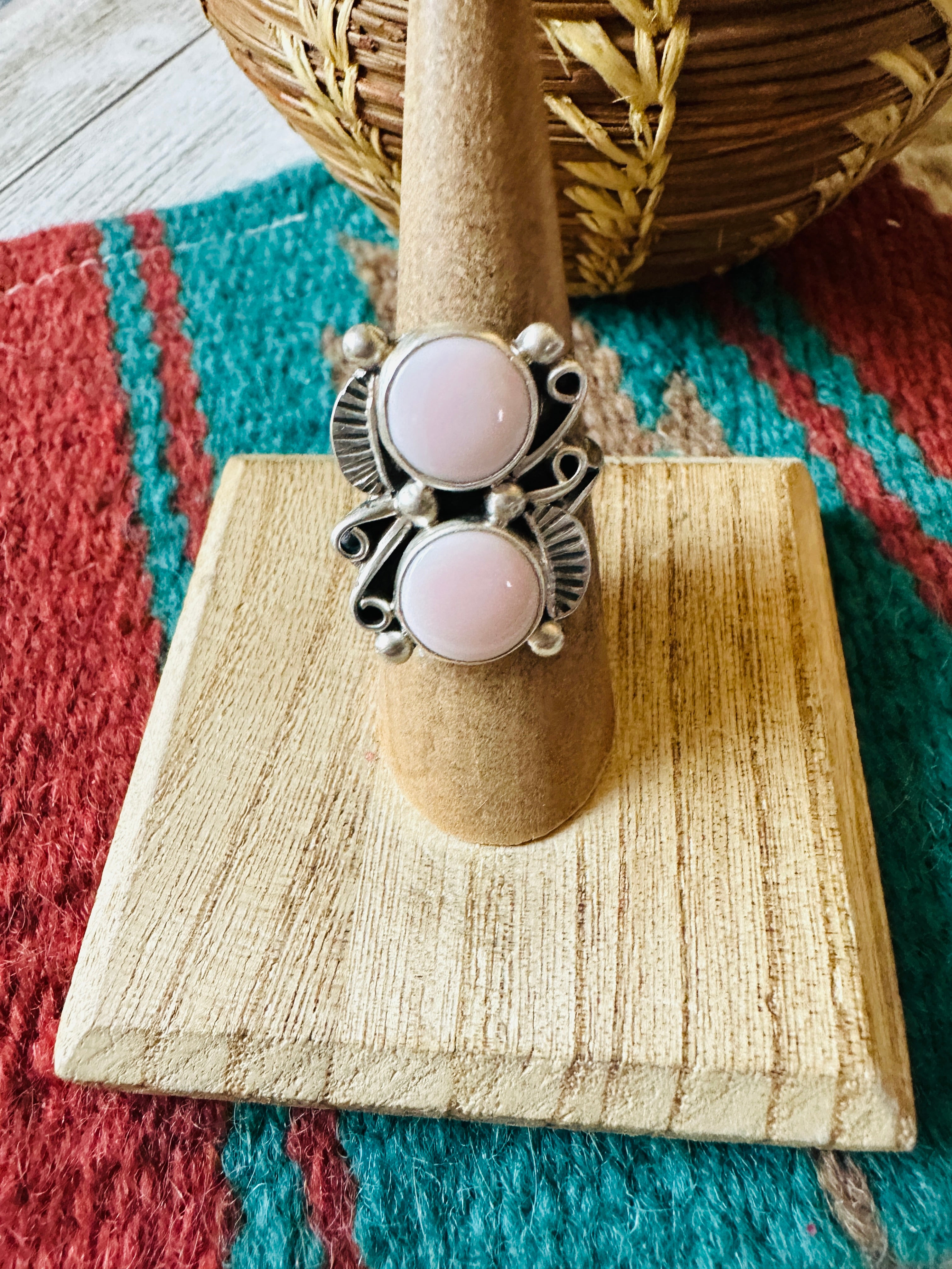 Navajo Sterling Silver & Queen Pink Conch 2 Stone Adjustable Ring