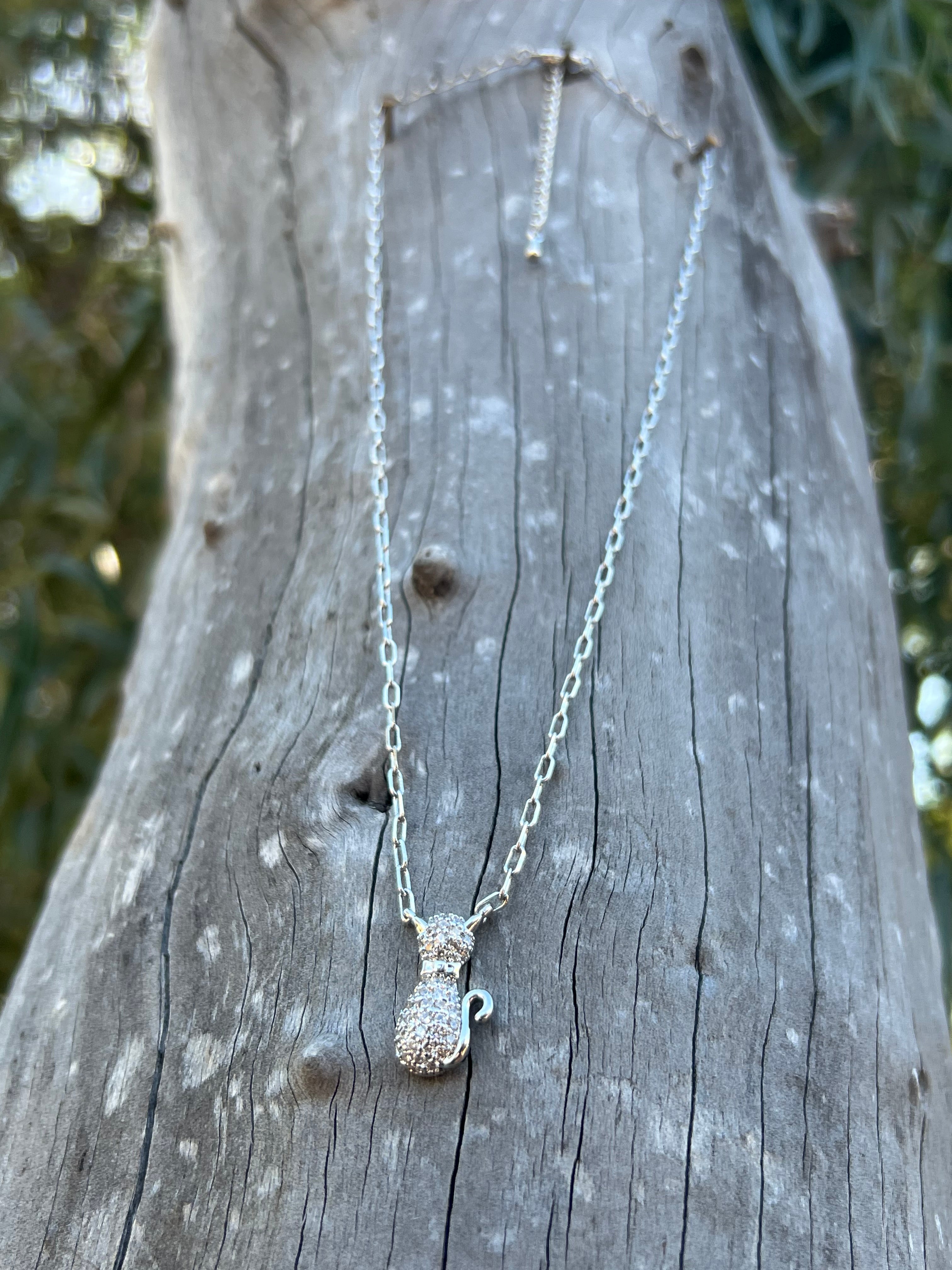 Silver Plated CZ Cat Pendant Chain Necklace