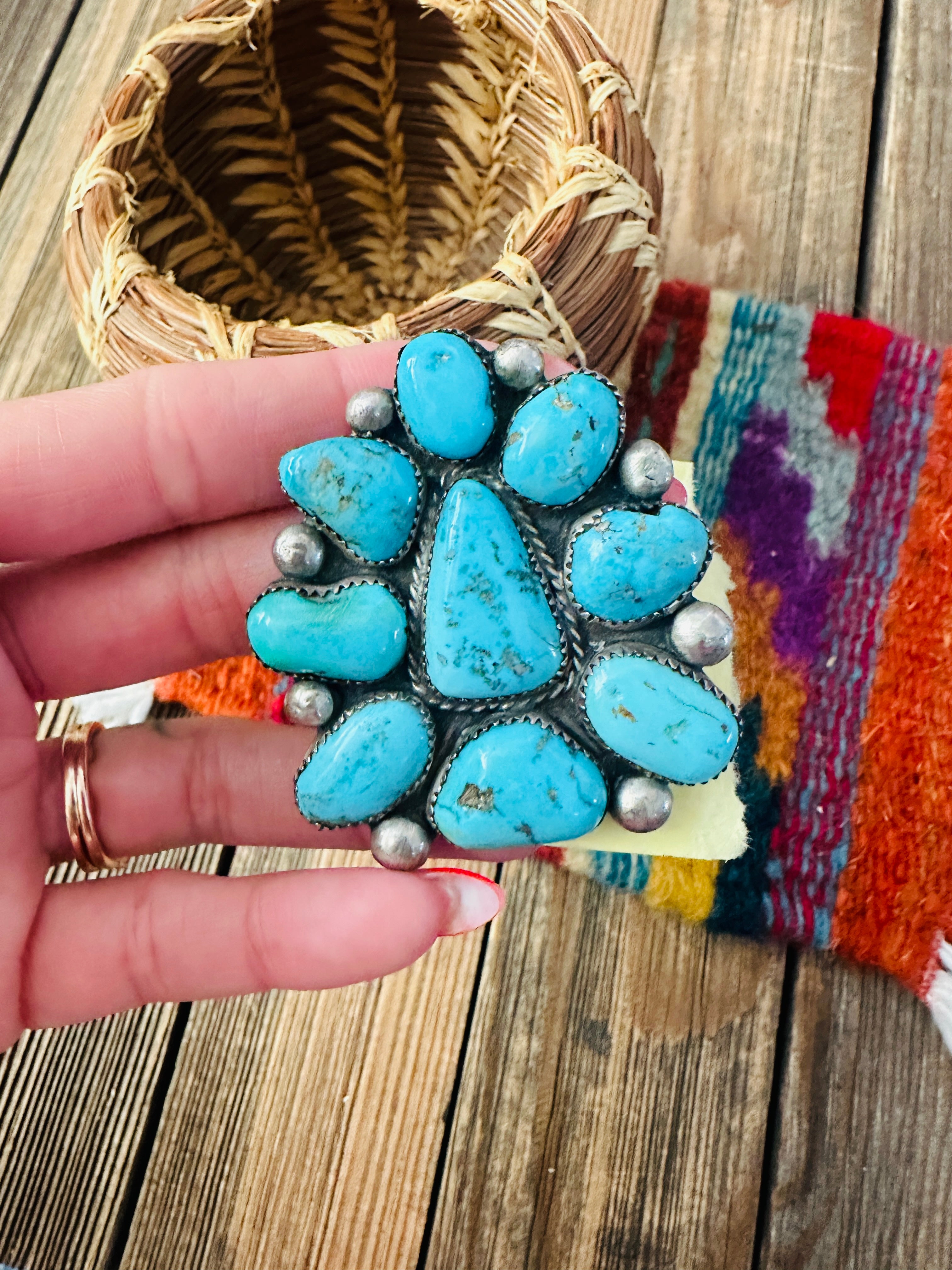 Old Pawn Handcrafted Turquoise and Sterling Silver Cluster Brooch