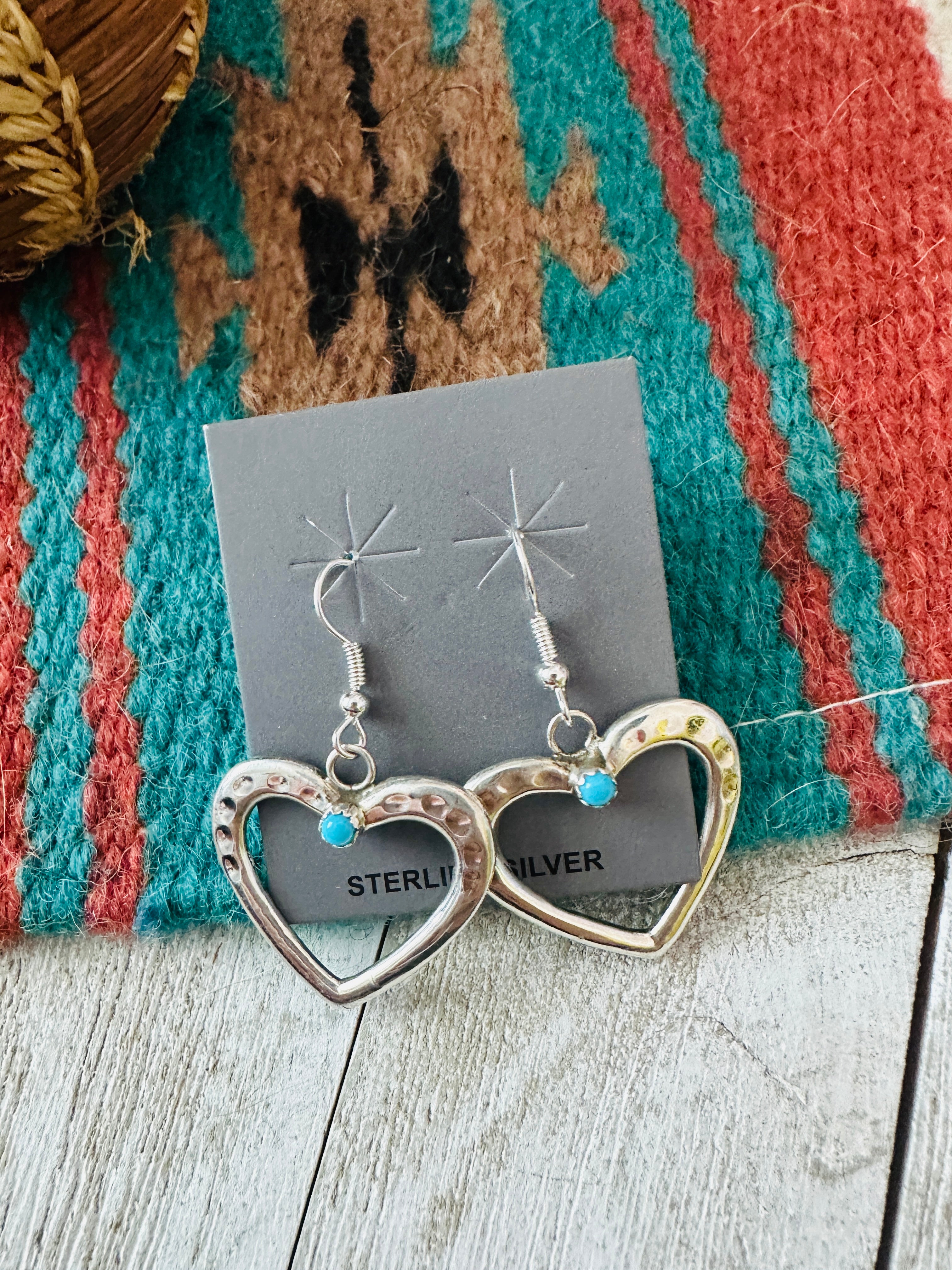 Navajo Turquoise & Sterling Silver Heart Dangle Earrings