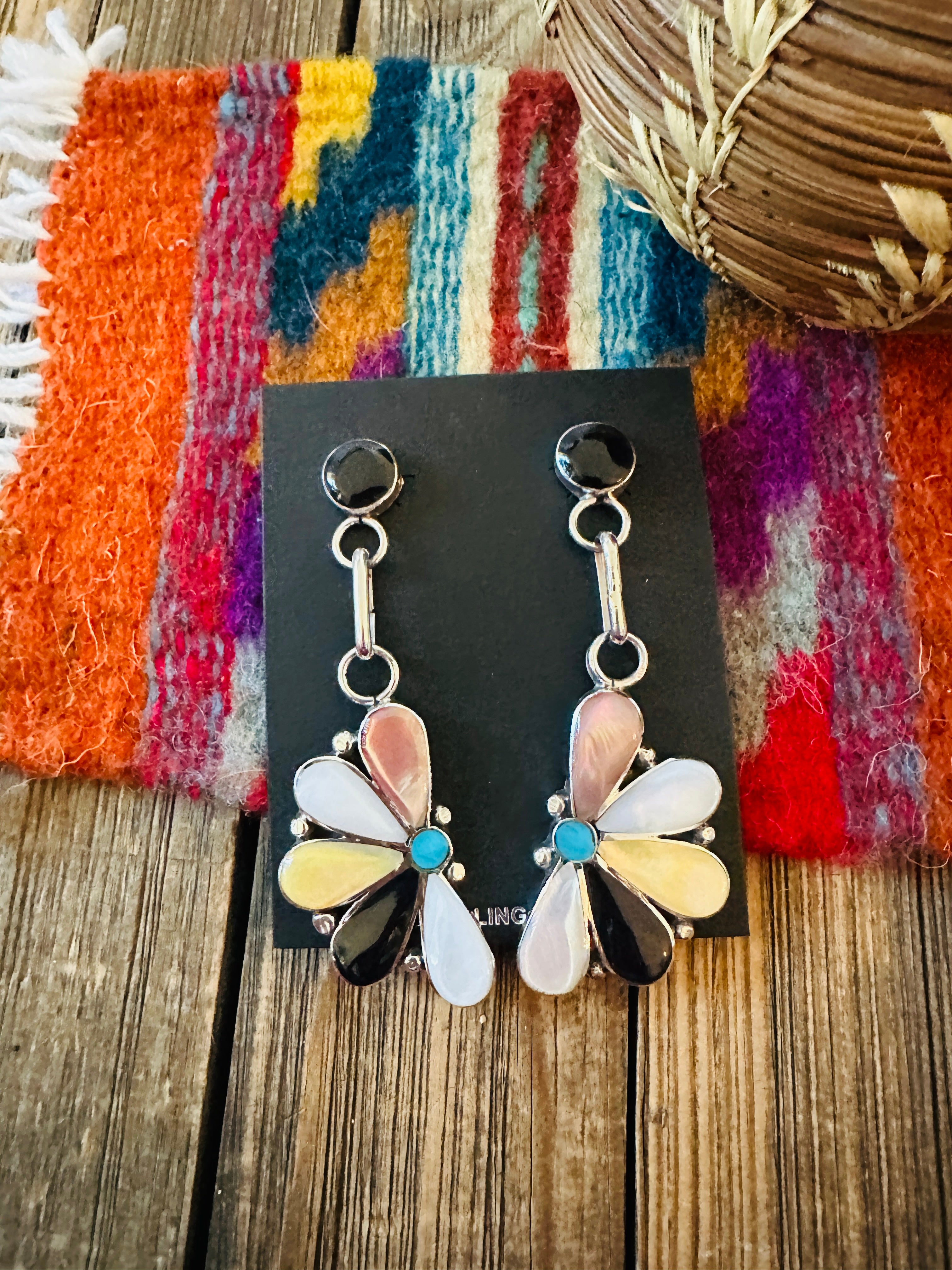 Handcrafted Sterling Silver, Mother of Pearl, Turquoise & Jet Inlay Flower Dangle Earrings