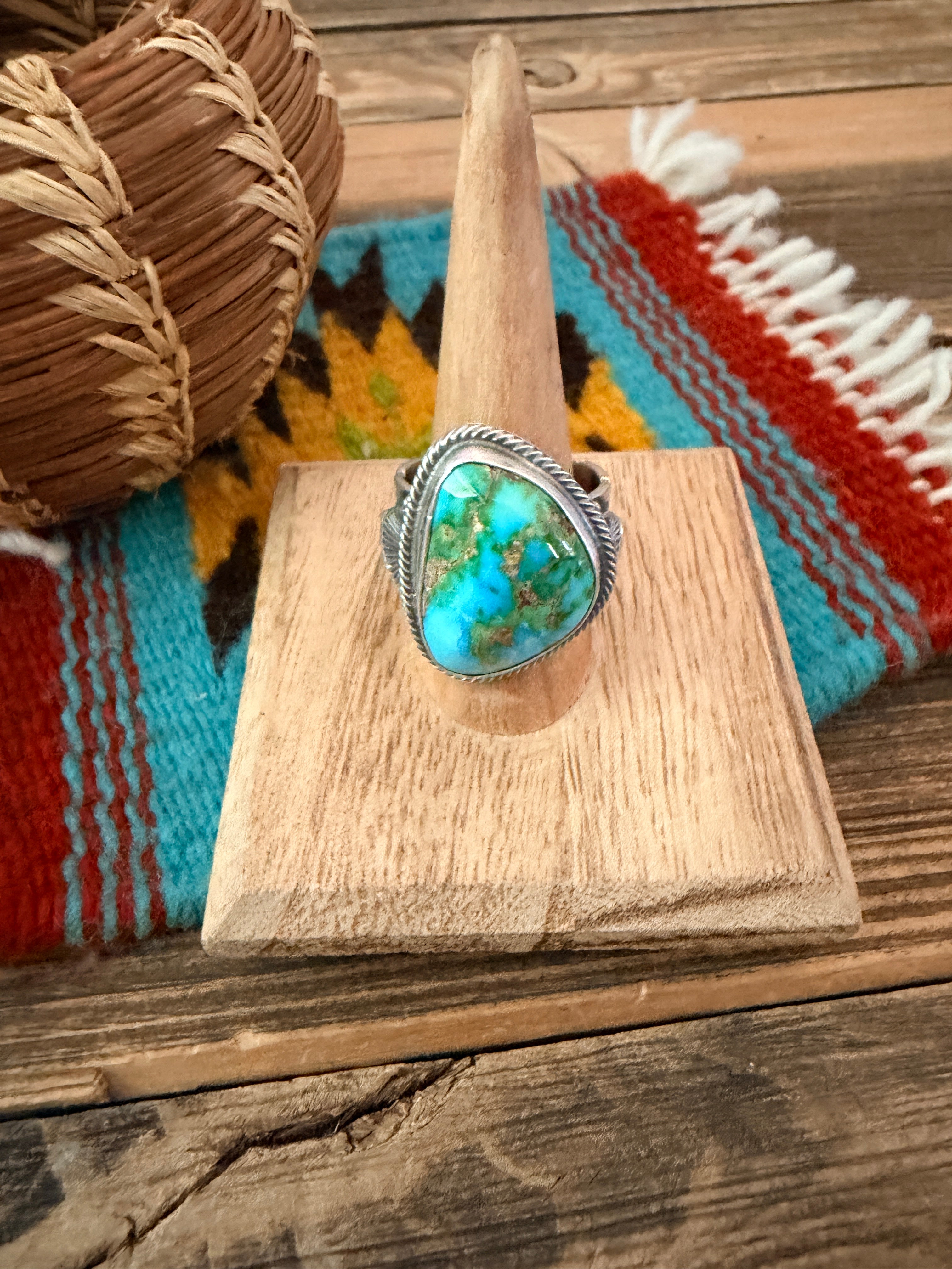 Handcrafted Sonoran Mountain Turquoise & Sterling Silver Ring Size 11.5 by Sheila Tso