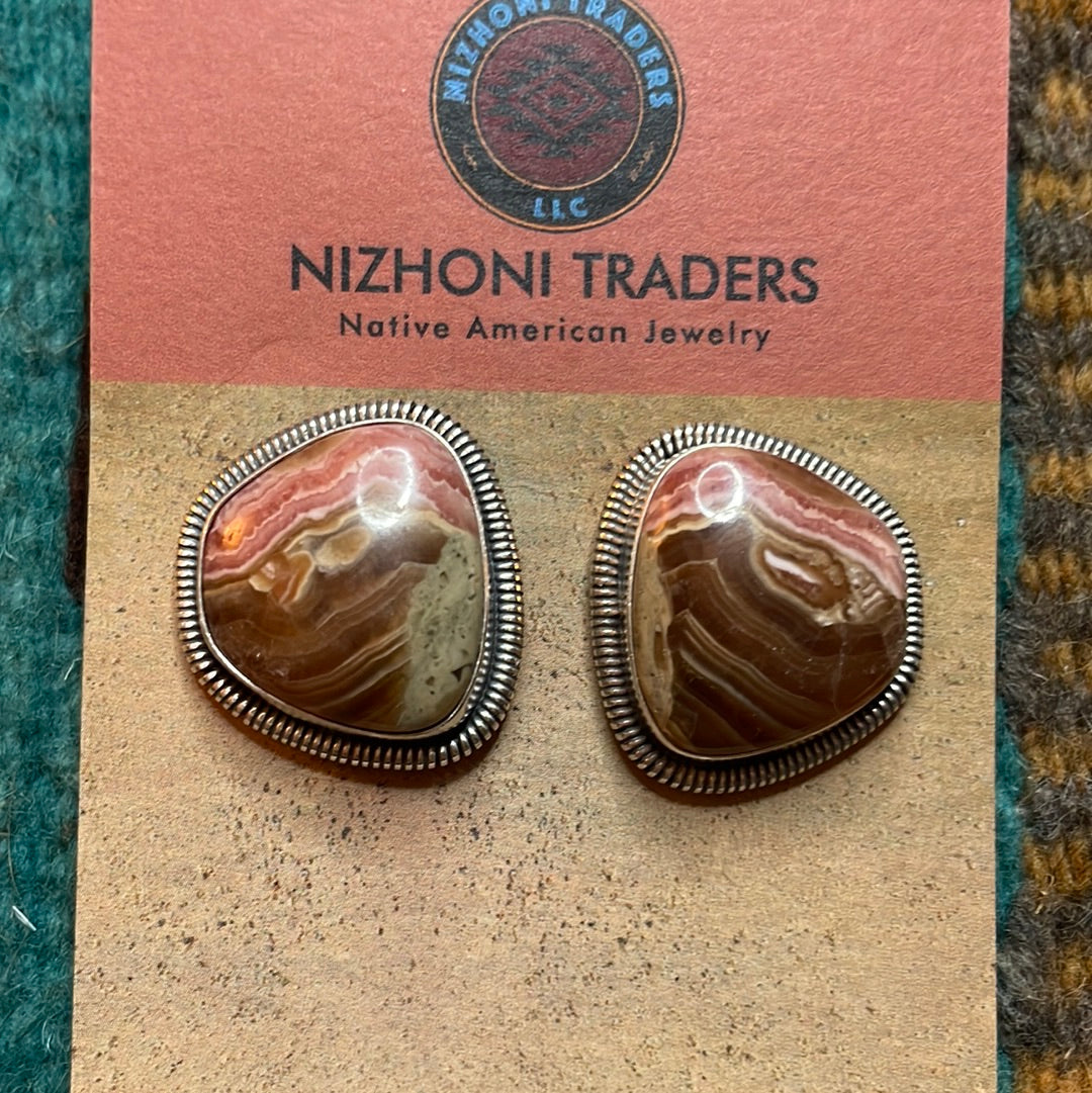 Navajo Sterling Silver & Rhodochrosite Stone Post Earrings