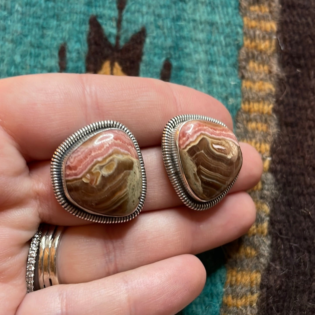 Navajo Sterling Silver & Rhodochrosite Stone Post Earrings