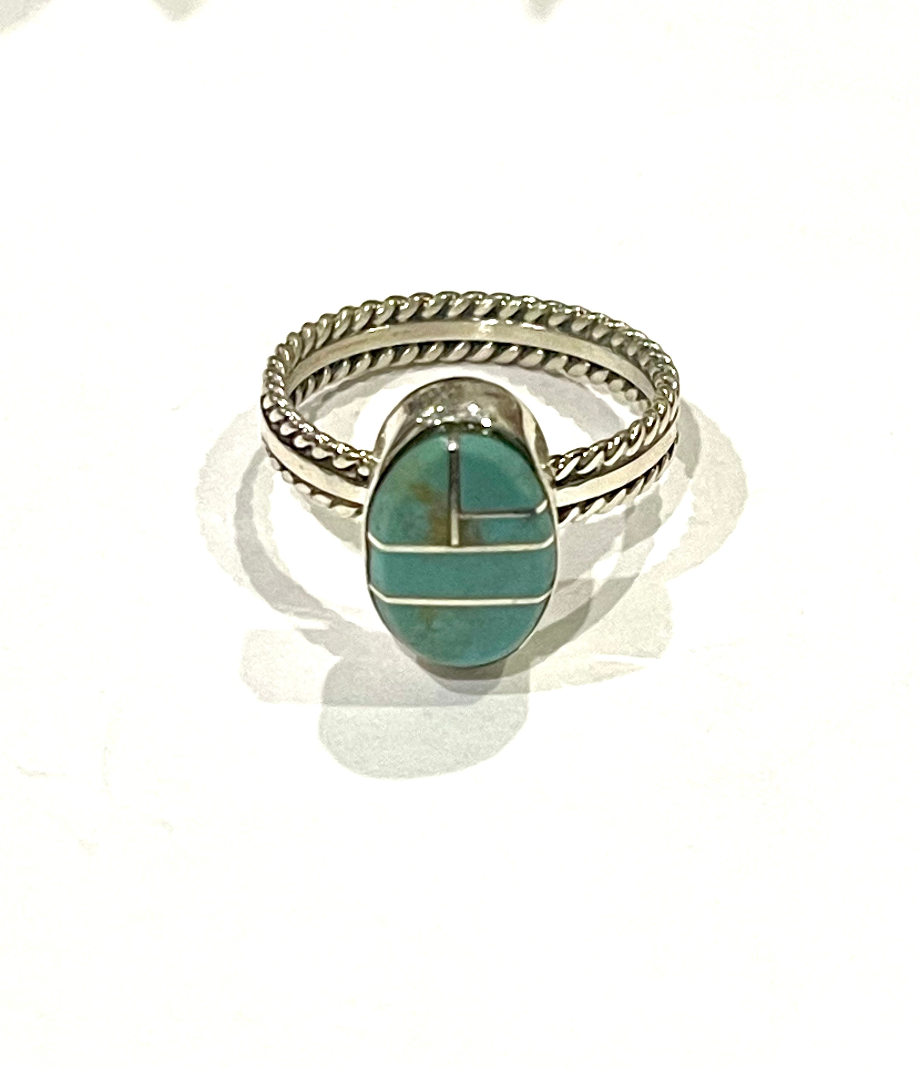 Navajo Turquoise & Sterling Silver Inlay Ring Size 9