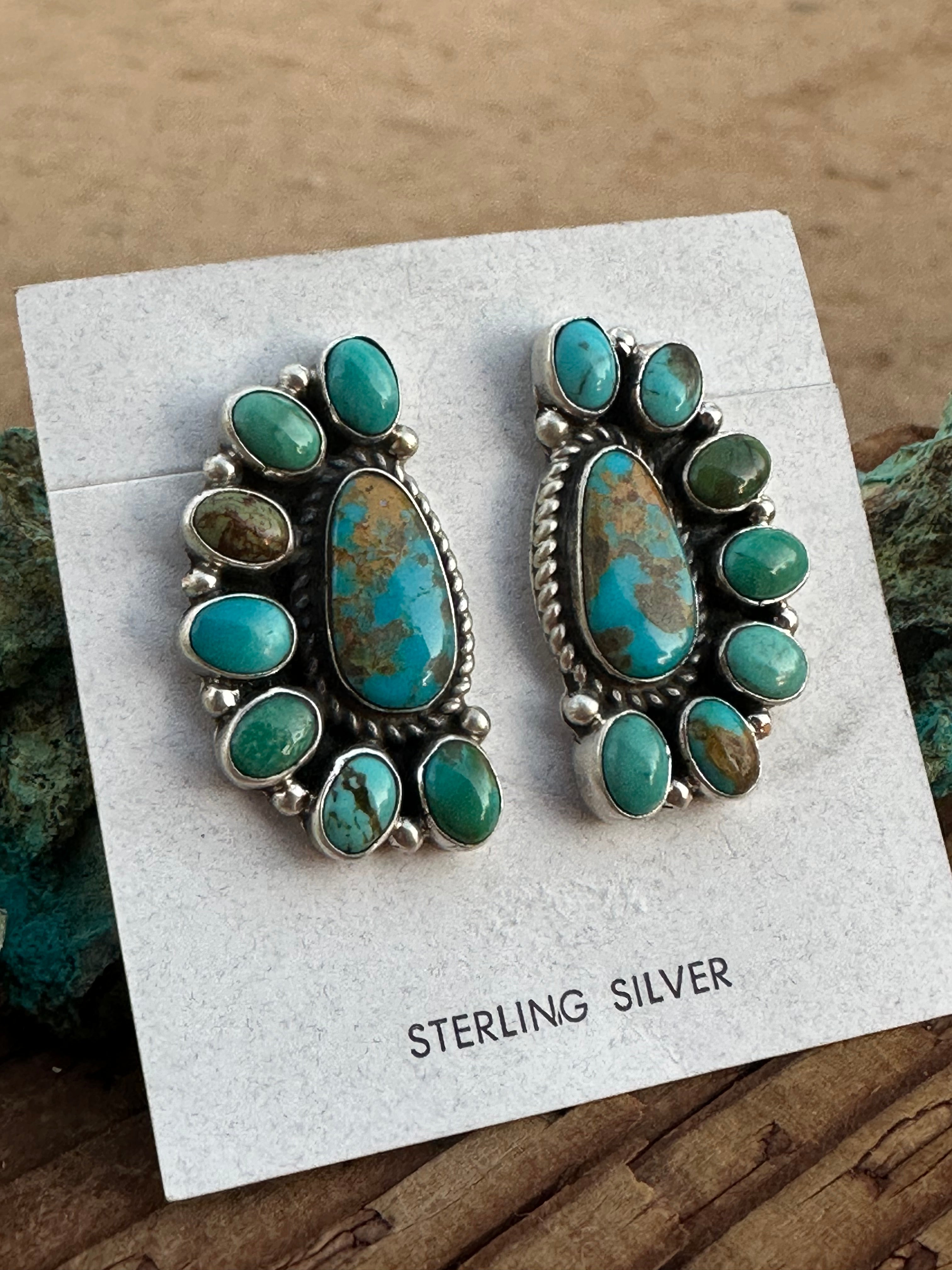 Navajo Geraldine James Turquoise Sterling Silver Cluster Stud Earrings