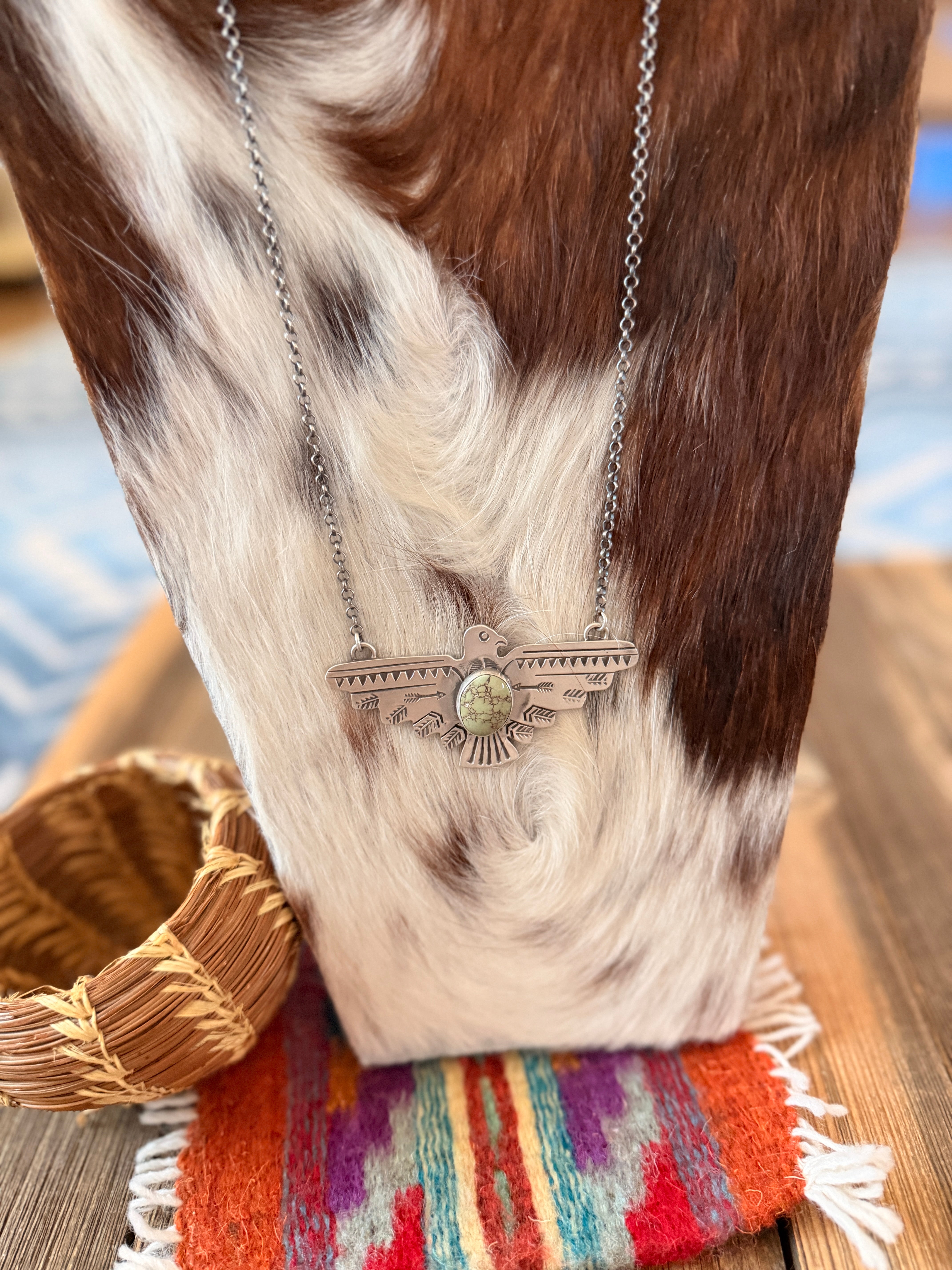 Handcrafted Turquoise & Sterling Silver Thunderbird Necklace by Russell Sam