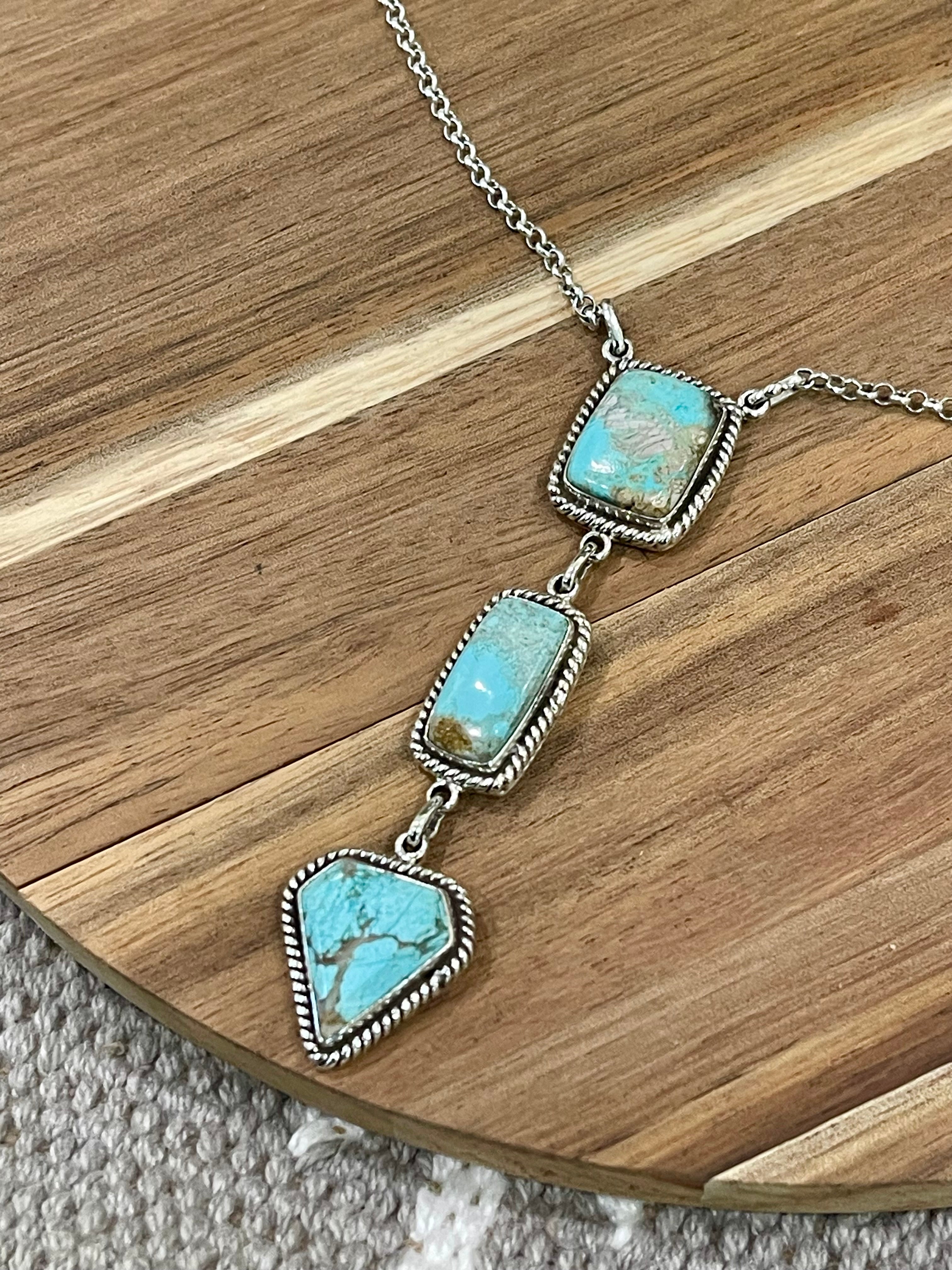 Handmade Sterling Silver & Carico Lake Turquoise Drop Necklace