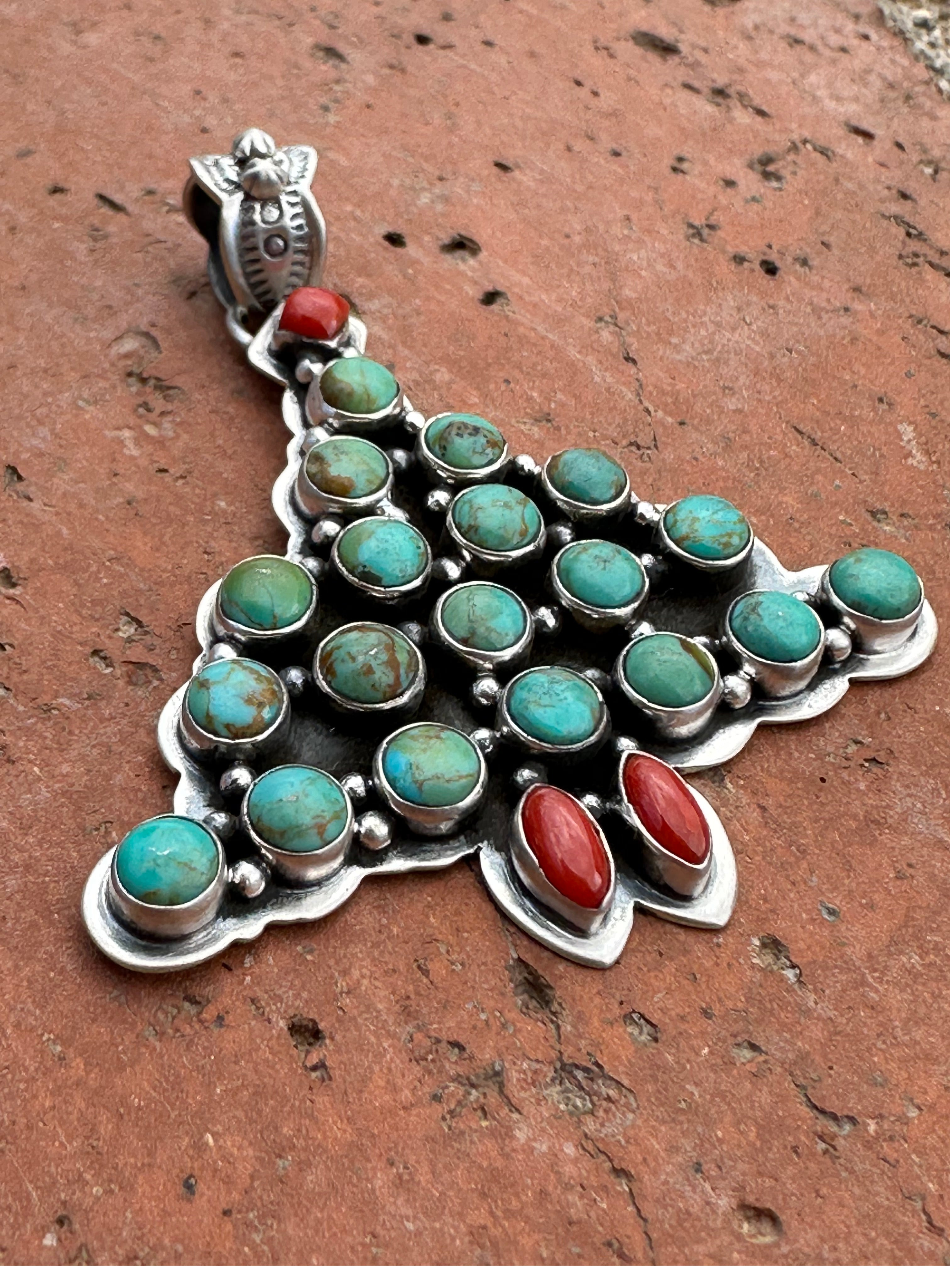 Handmade Sterling Silver, Coral & Turquoise Christmas Tree Pendant