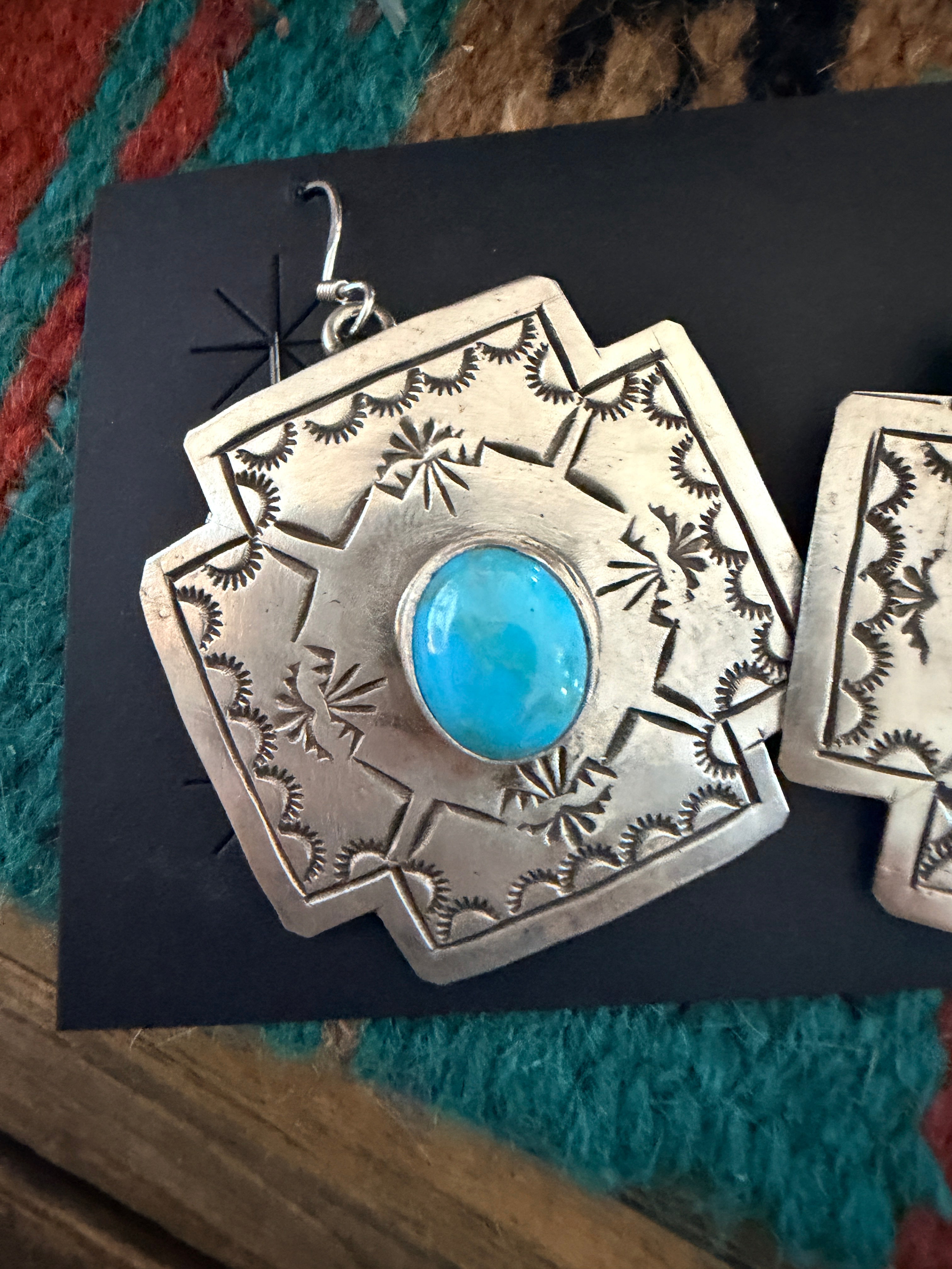 Handcrafted Sterling Silver & Turquoise Concho Cross Dangle Earrings