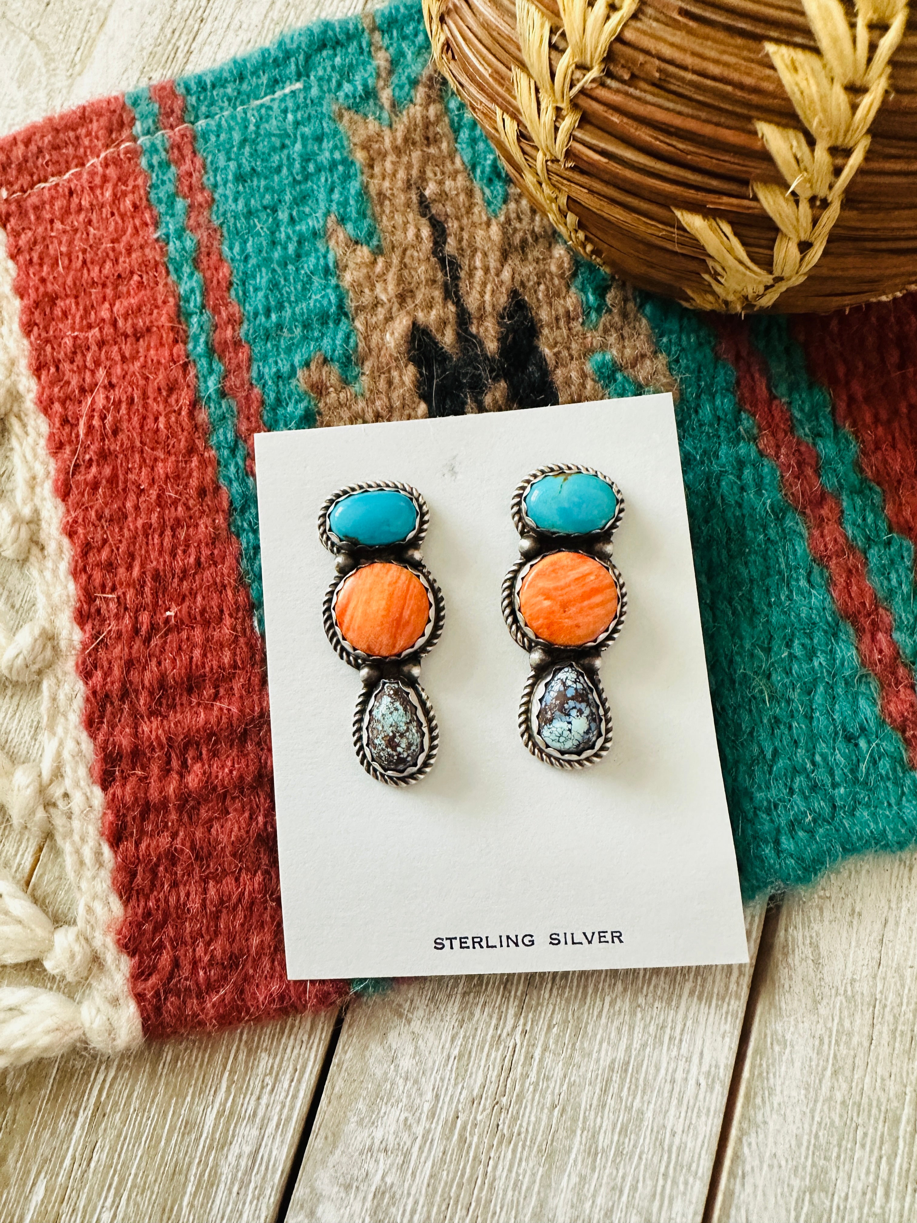 Handcrafted Orange Spiny, Turquoise and Sterling Silver Dangle Earrings