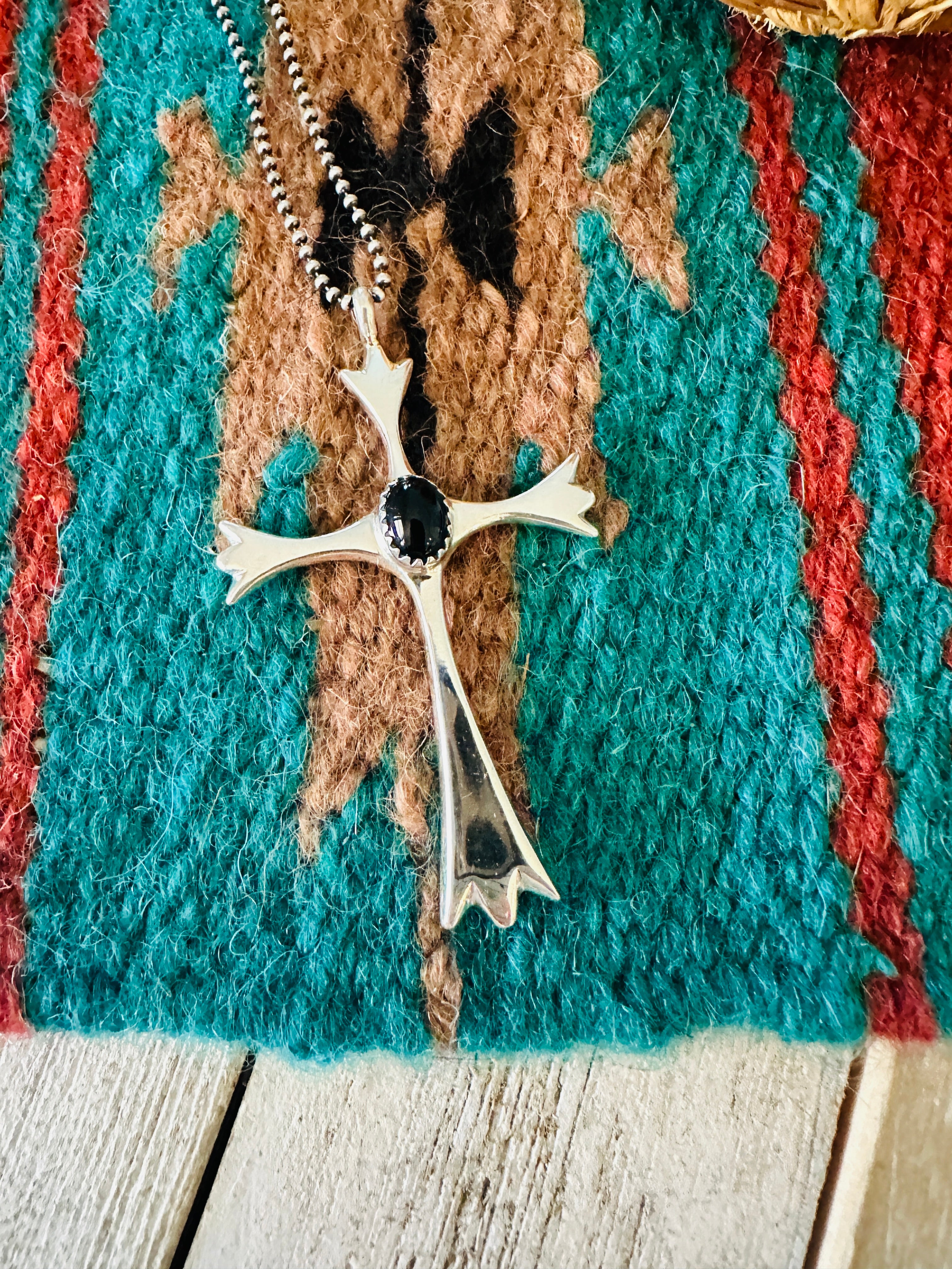 Navajo Black Onyx & Sterling Silver Cross Pendant