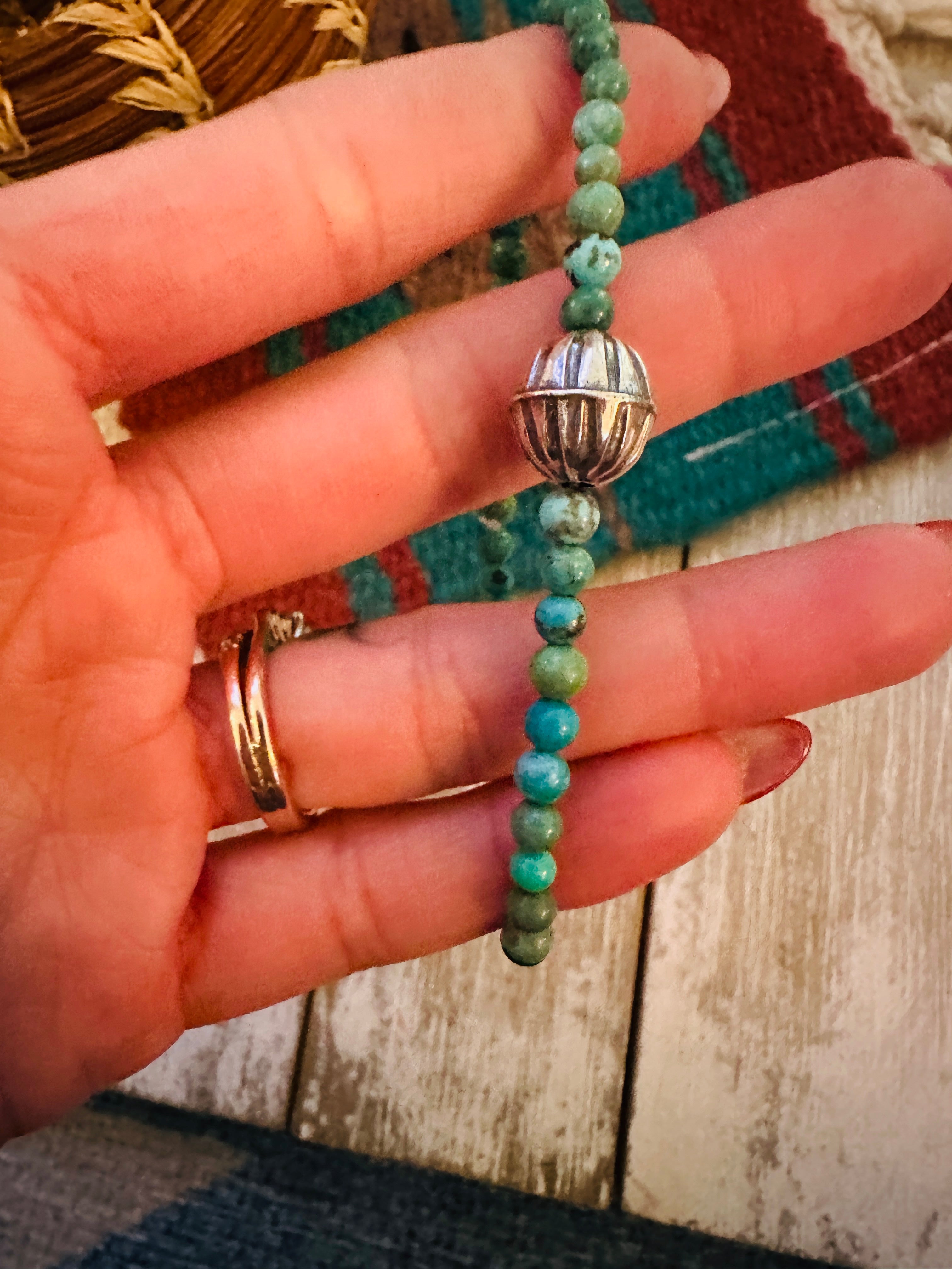 Handcrafted Turquoise & Sterling Silver Beaded Stretch Bracelet