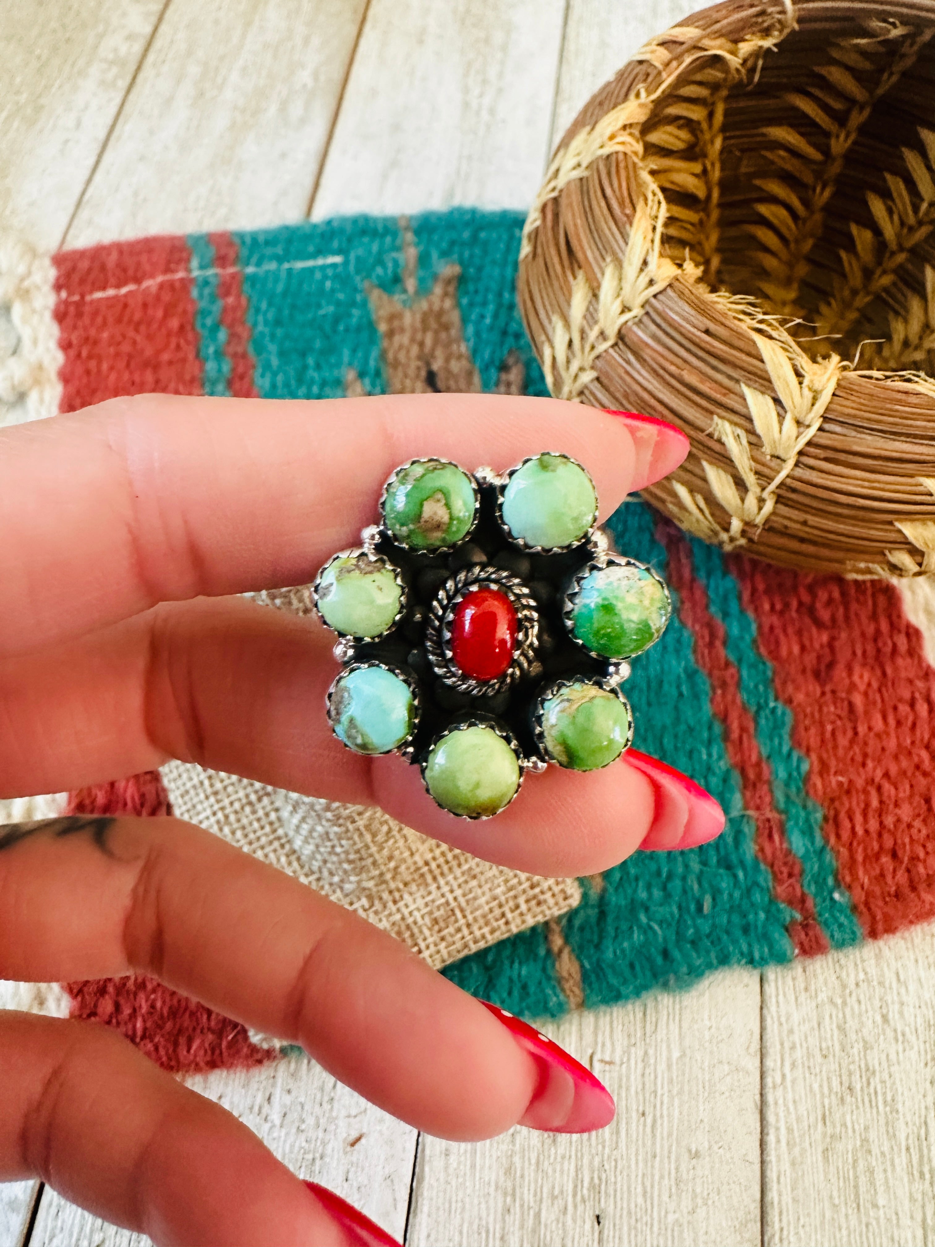 ** Christmas Collection ** Handmade Sterling Silver, Turquoise & Coral Adjustable Ring Signed Nizhoni