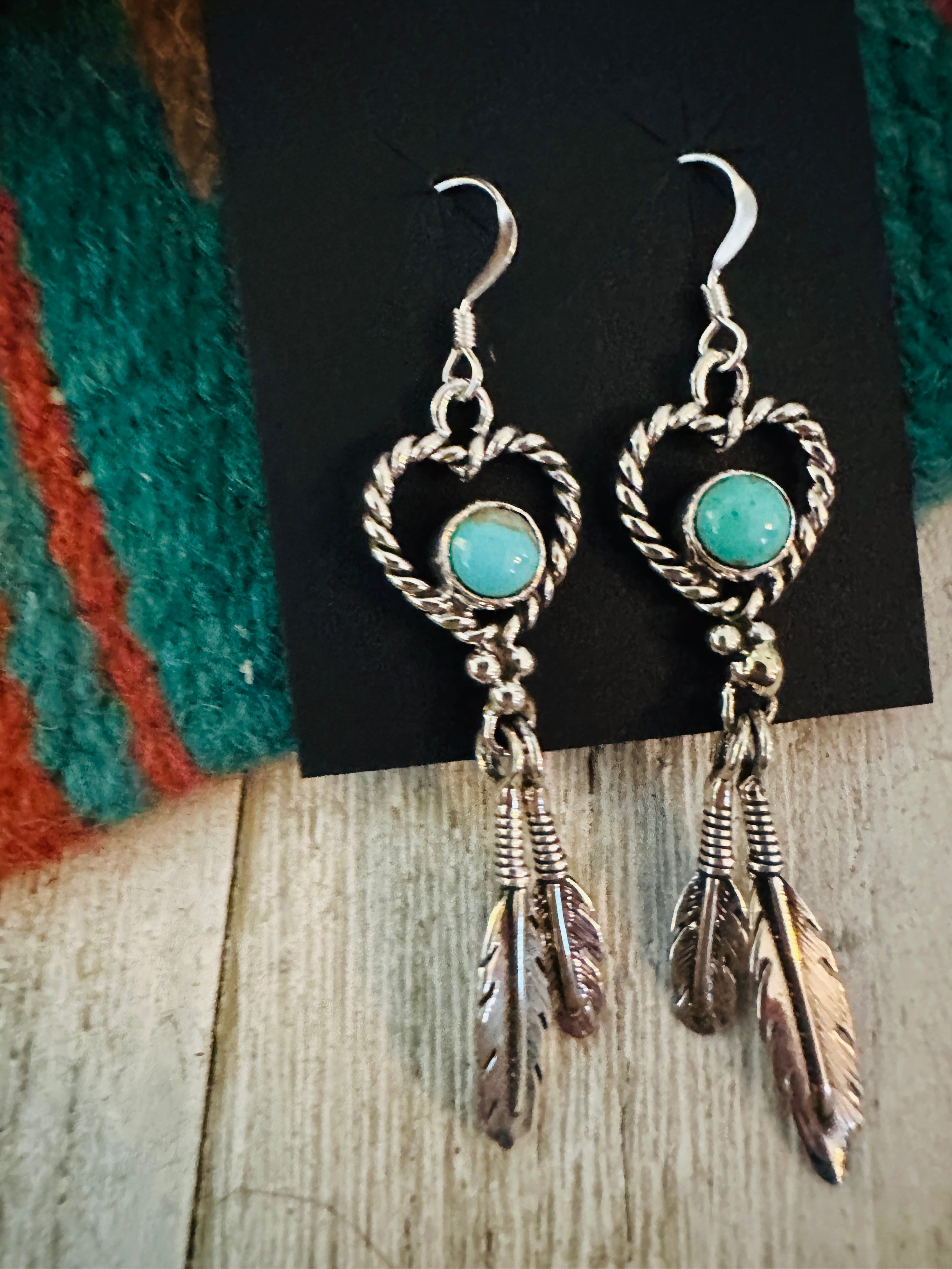 Handcrafted Turquoise & Sterling Silver Heart Feather Dangle Earrings