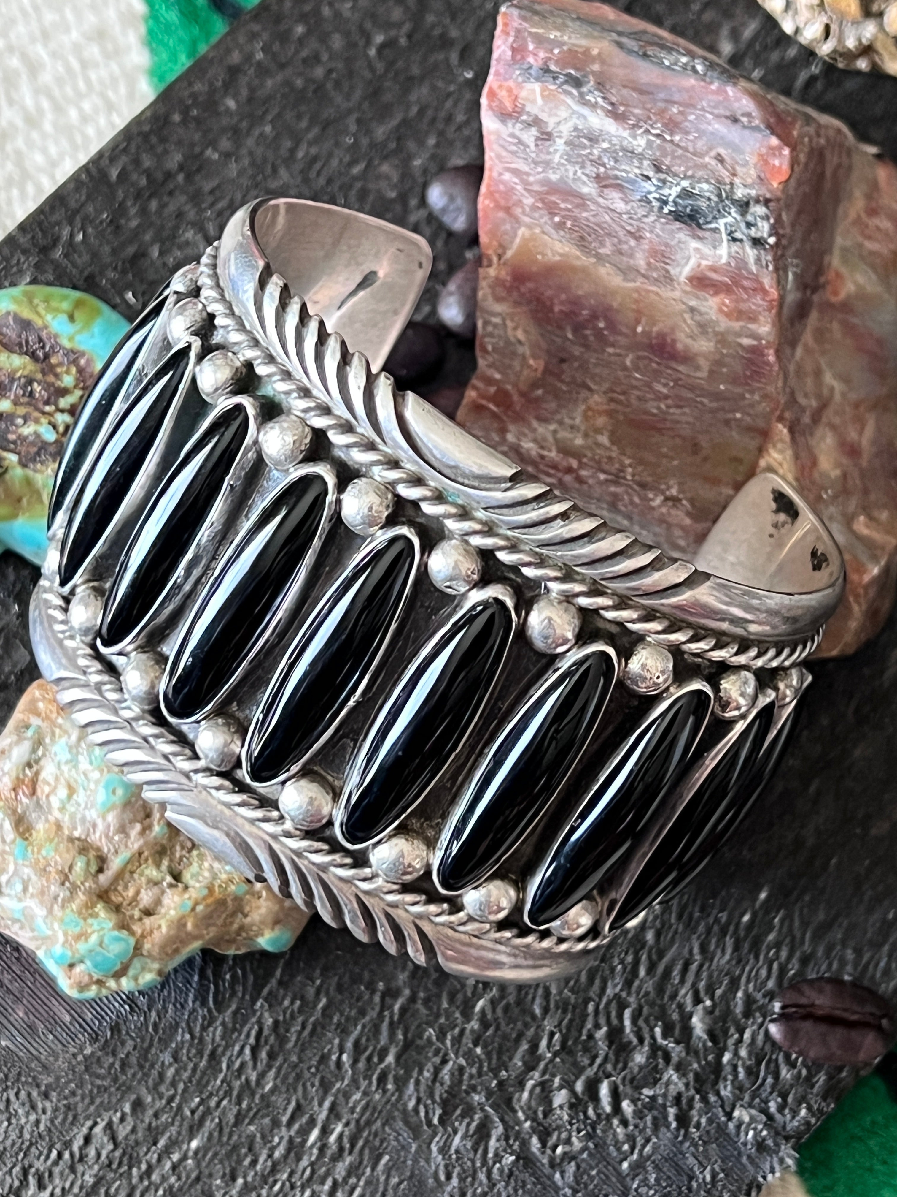 Old Pawn Sterling Silver and Black Onyx Cuff Bracelet by Tommy Moore