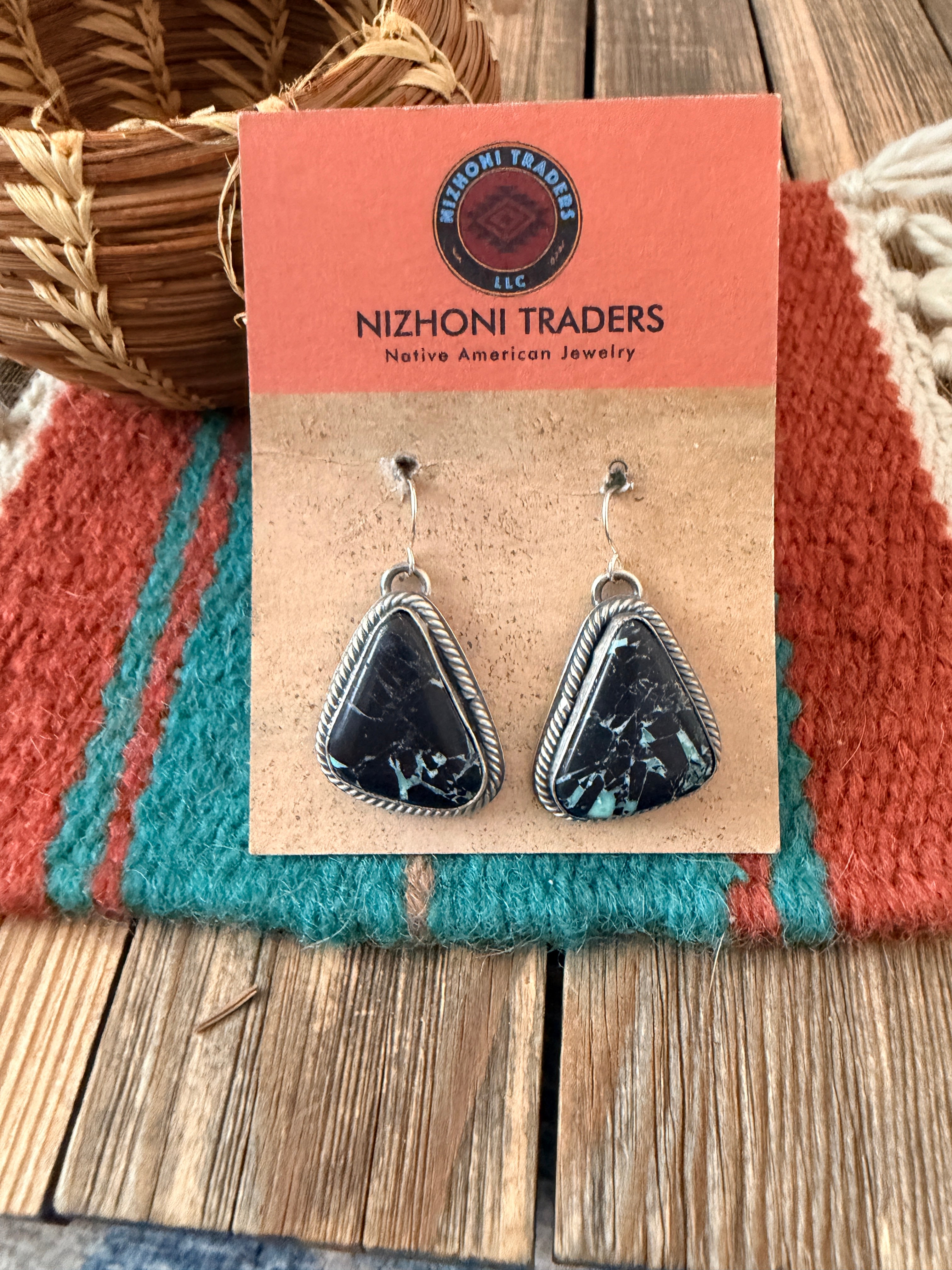 Handcrafted Sterling Silver & Blackjack Turquoise Dangle Earrings
