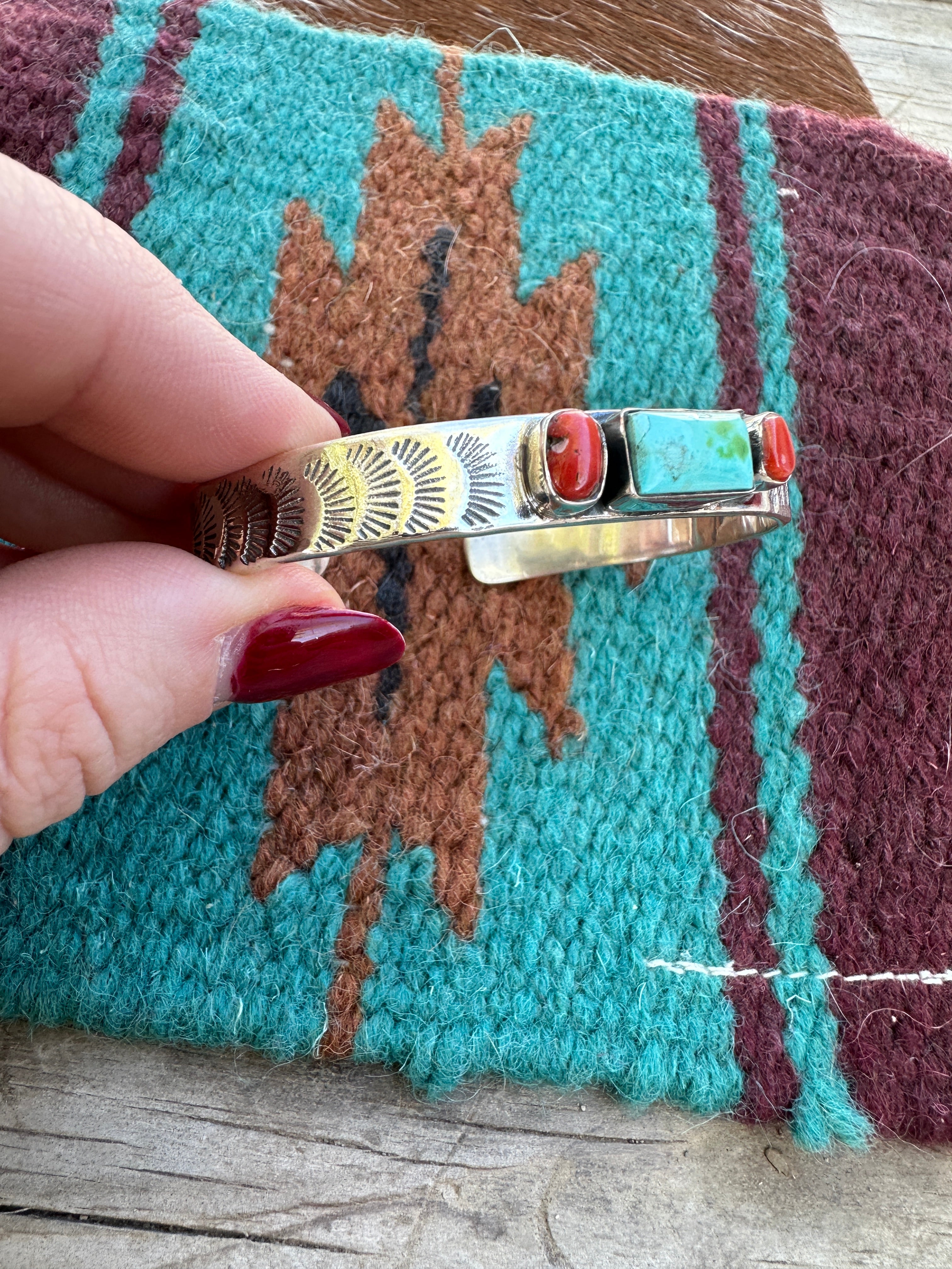 Handmade Sterling Silver, Coral & Sonoran Mountain Turquoise Cuff Bracelet Signed Nizhoni style 1