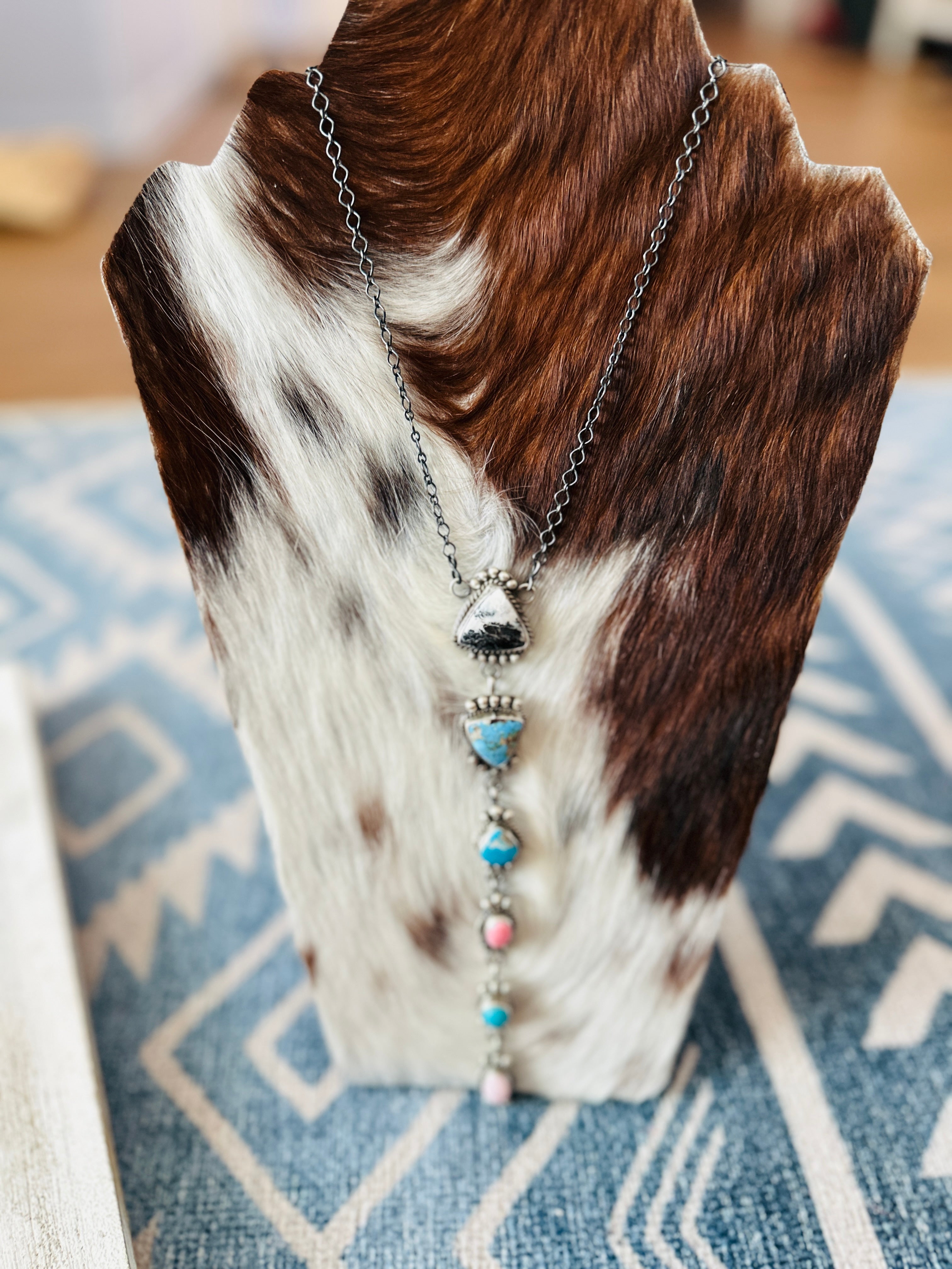 Handcrafted Sterling Silver & Multi Stone Lariat Necklace