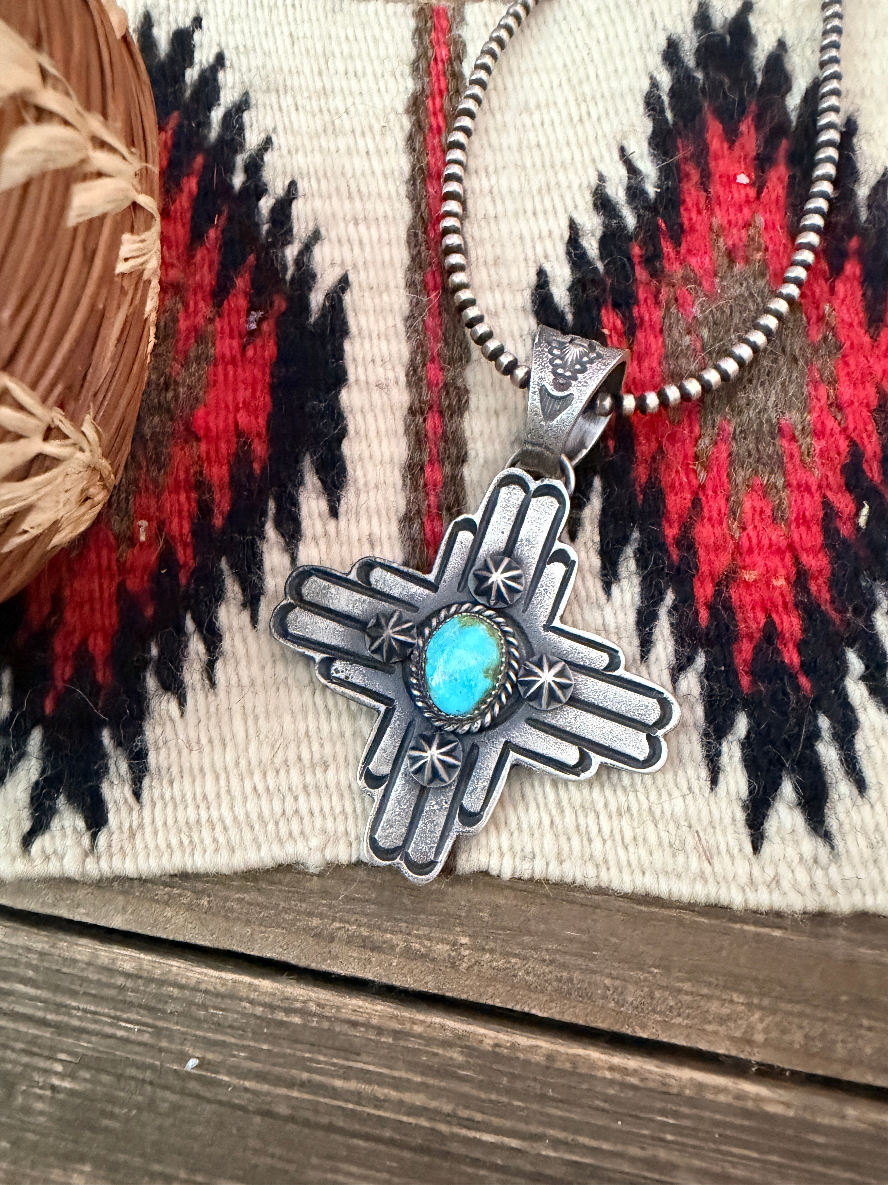 Handcrafted Sterling Silver & Sonoran Mountain Turquoise Zia Cross Pendant by Kevin Billah