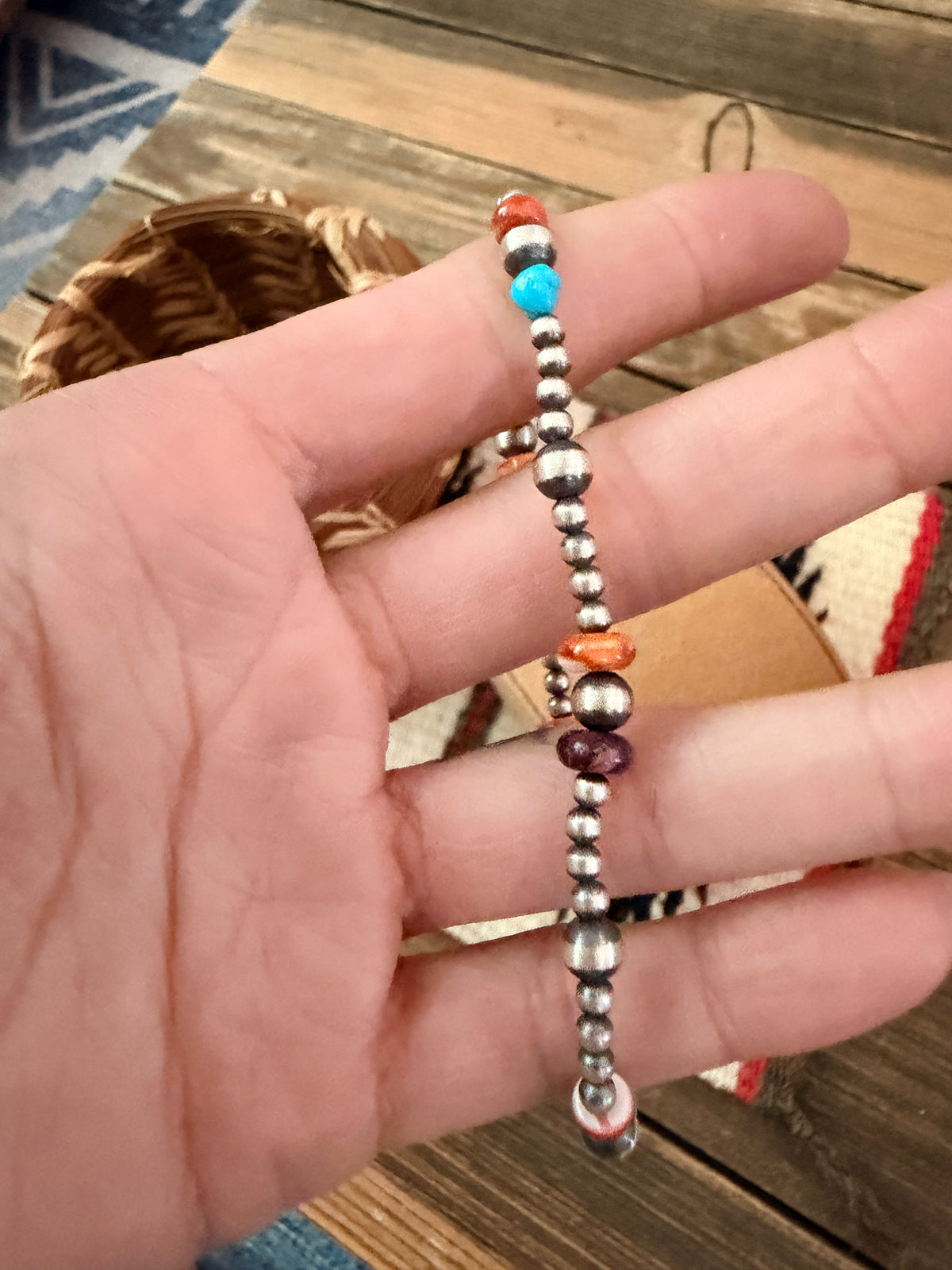 Handcrafted Turquoise, Spiny Oyster & Sterling Silver Pearl Beaded Stretch Bracelet