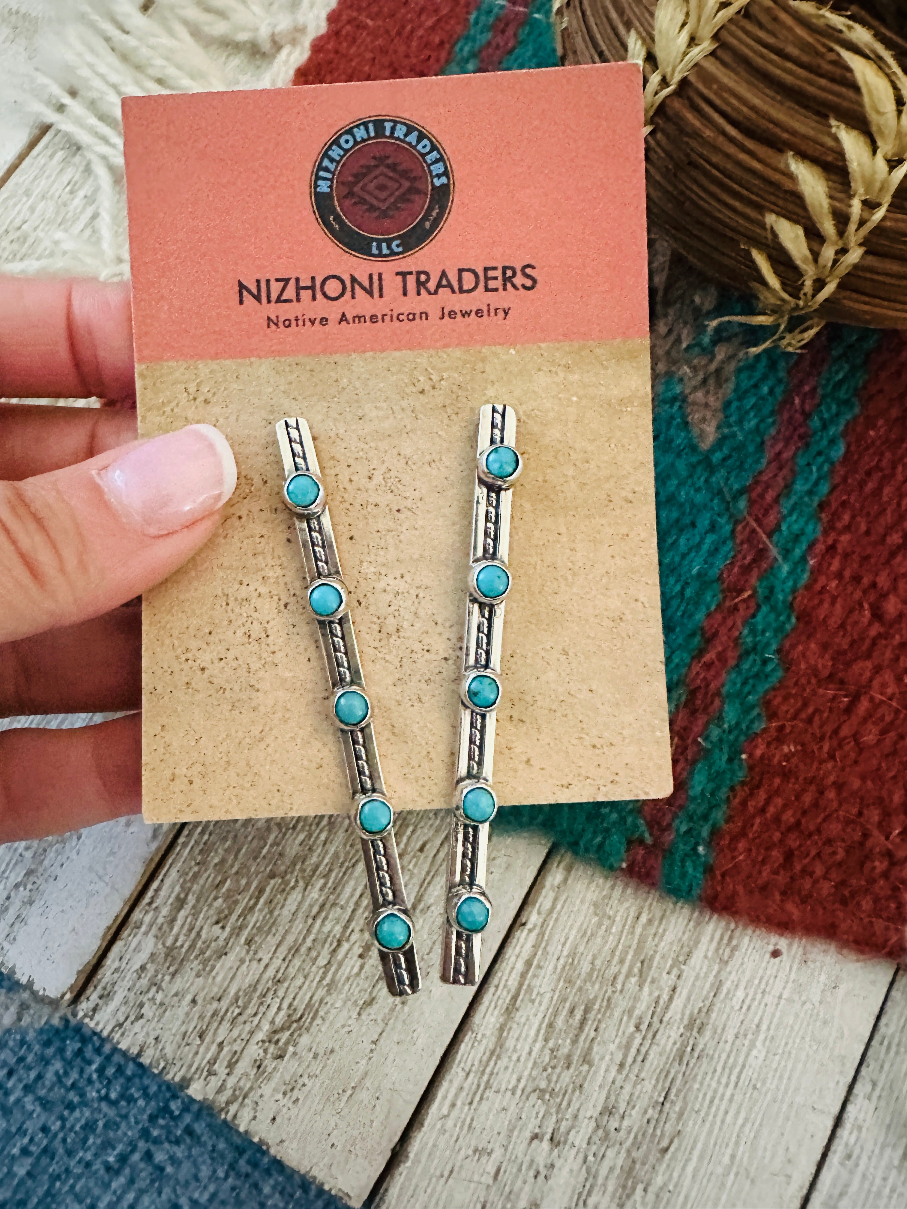 Handcrafted Turquoise & Sterling Silver Five Stone Drop Dangle Earrings