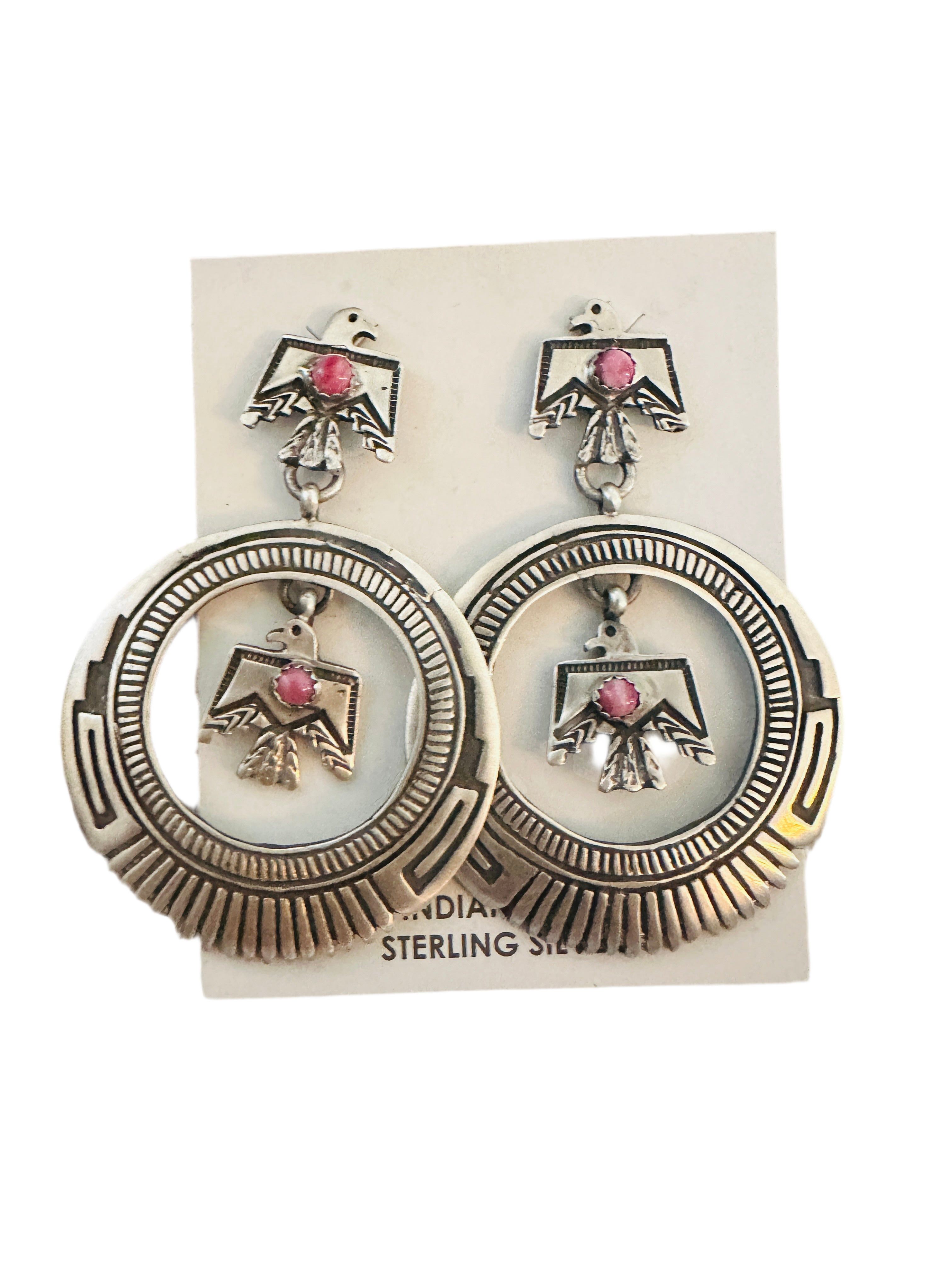 Navajo Sterling Silver & Rhodochrosite Thunderbird Dangle Earrings