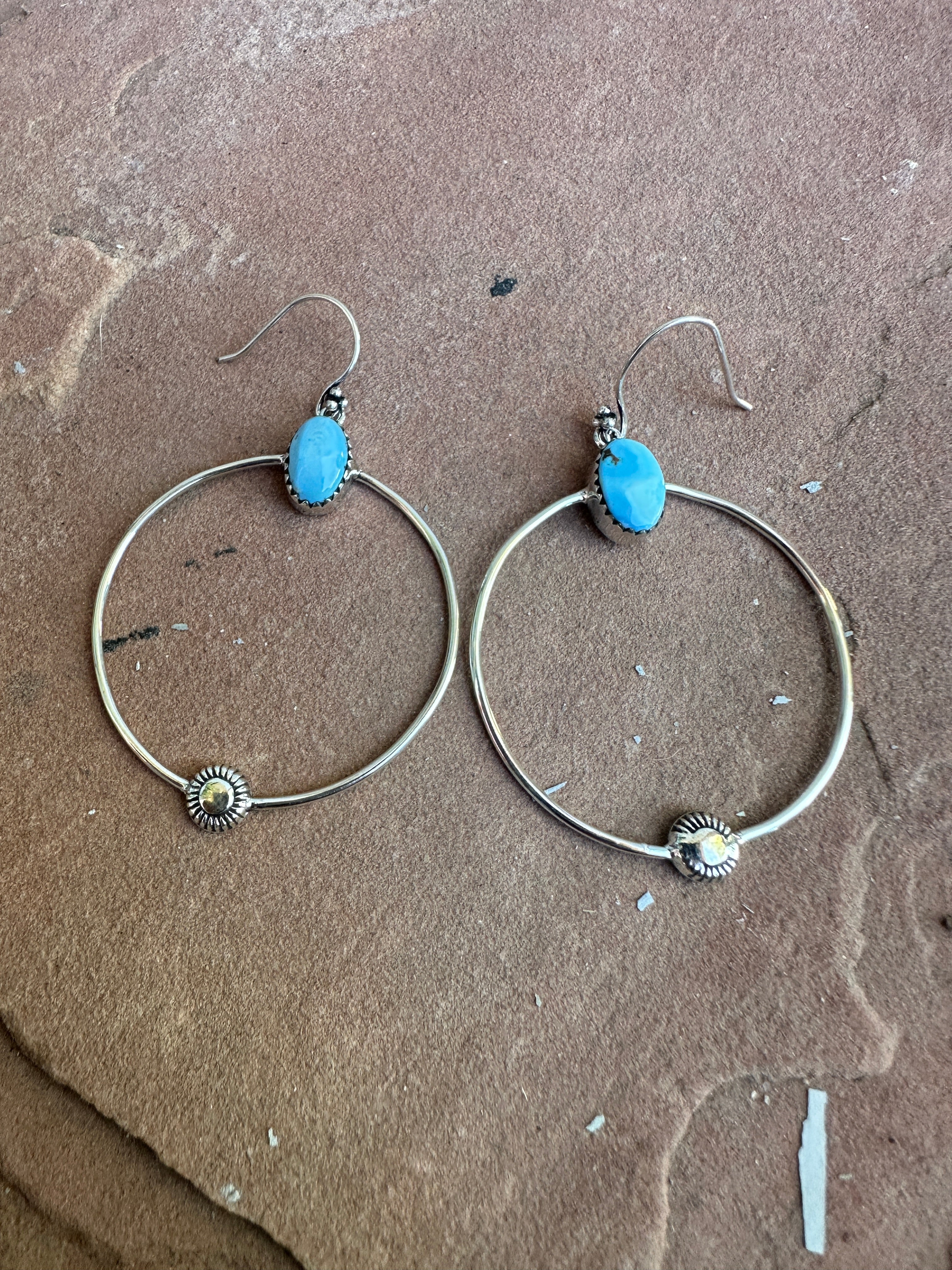 Handmade Golden Hills Turquoise & Sterling Silver Hoop Earrings Signed Nizhoni