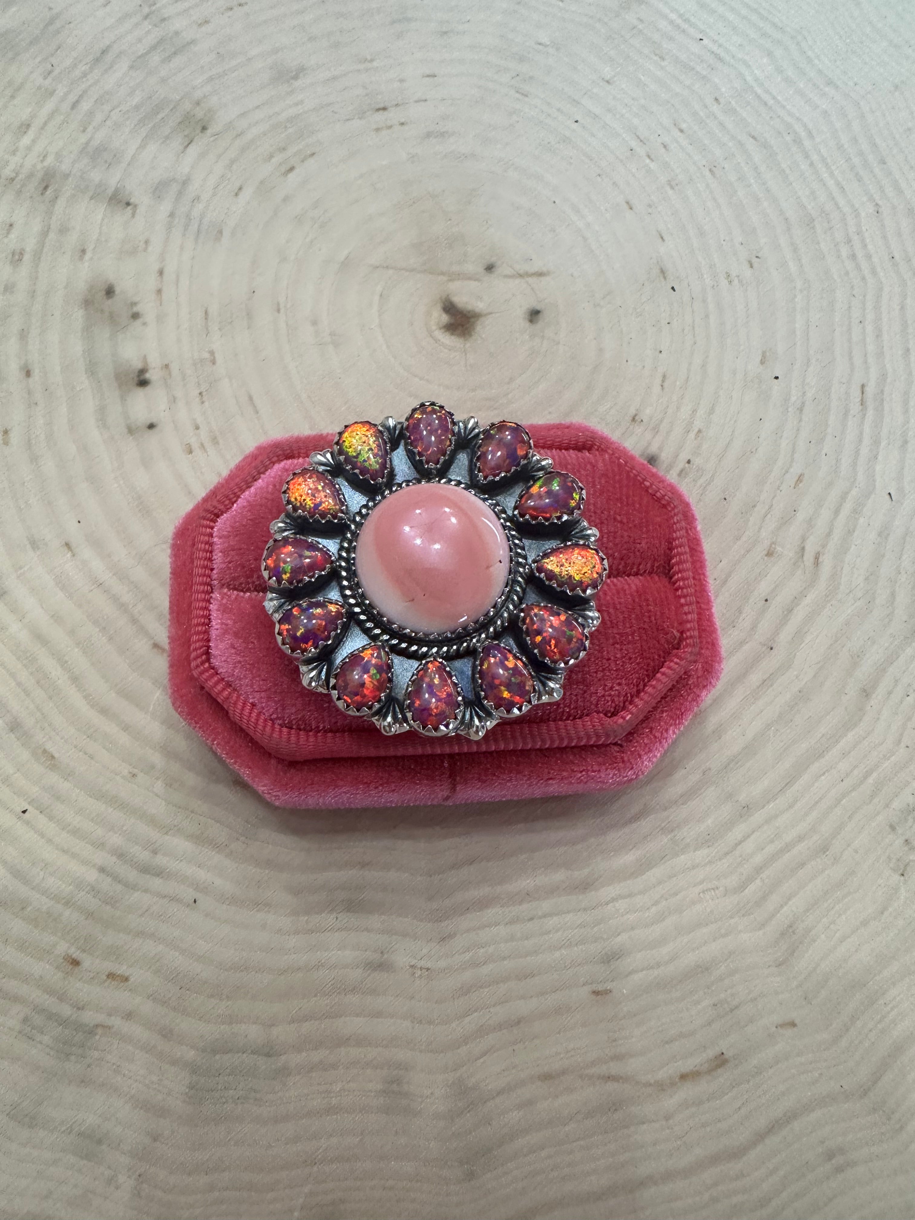 Handmade Pink Conch, Dark Pink Fire Opal And Sterling Silver Adjustable Ring Signed Nizhoni