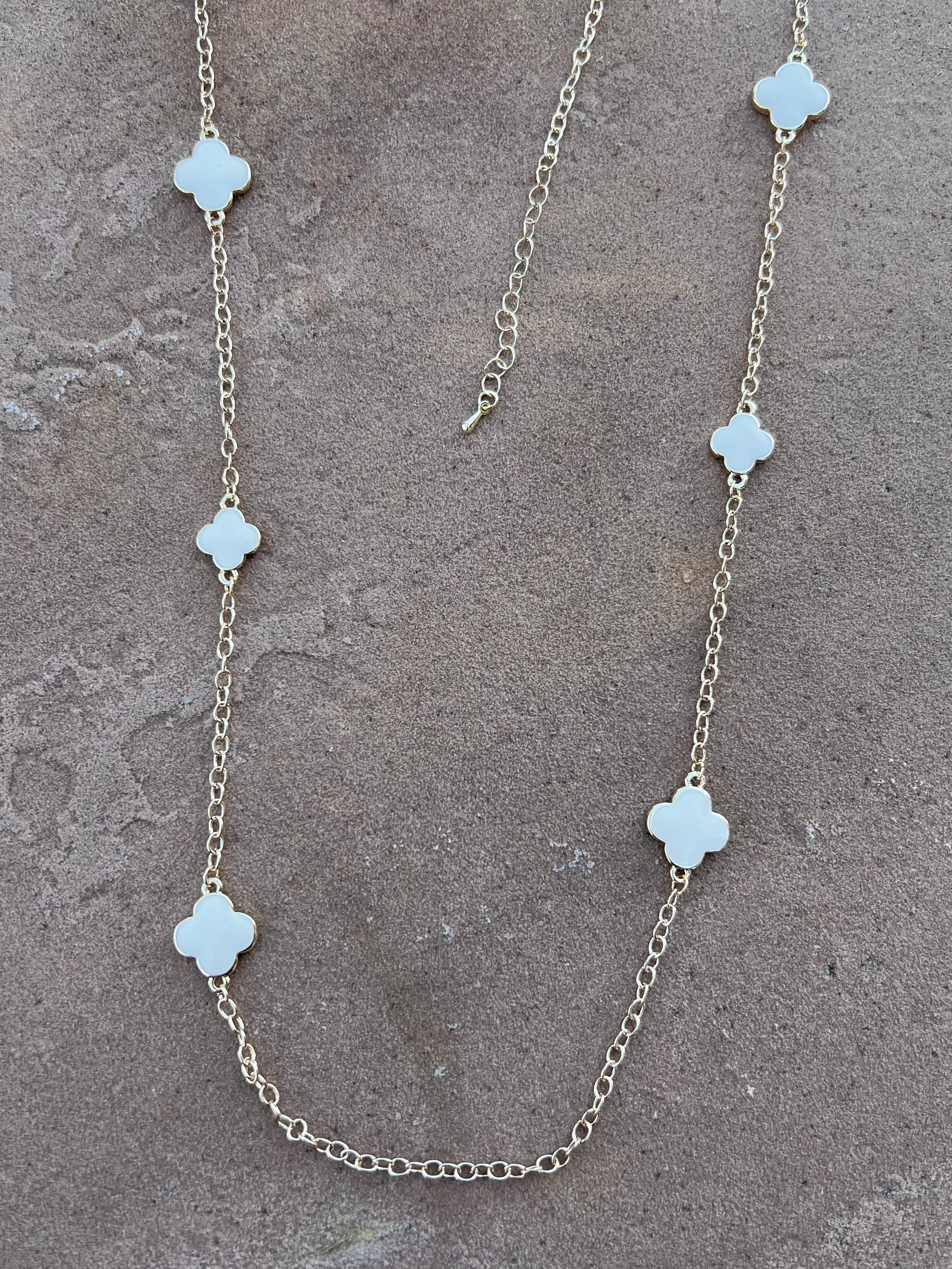 14k Gold Plated White Clover Cross Necklace