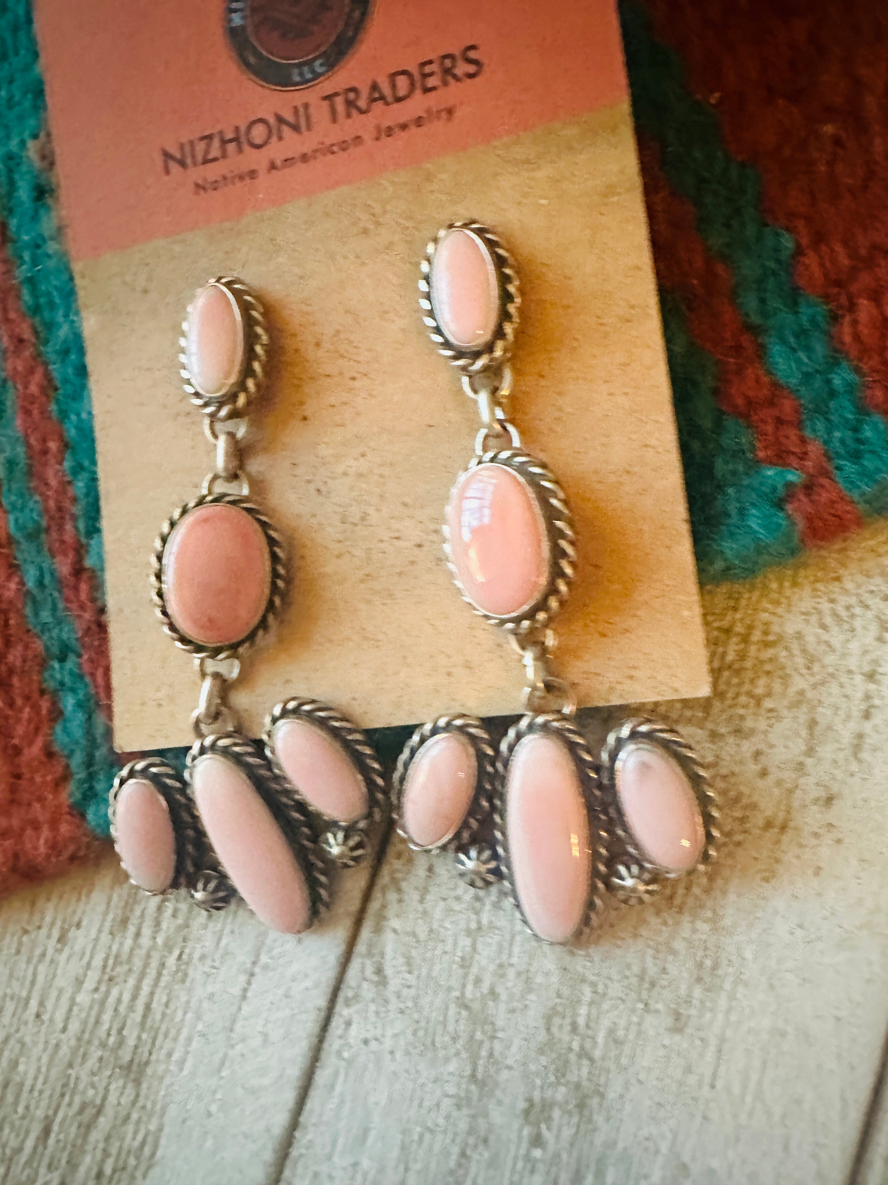 Navajo Queen Pink Conch & Sterling Silver Dangle Earrings