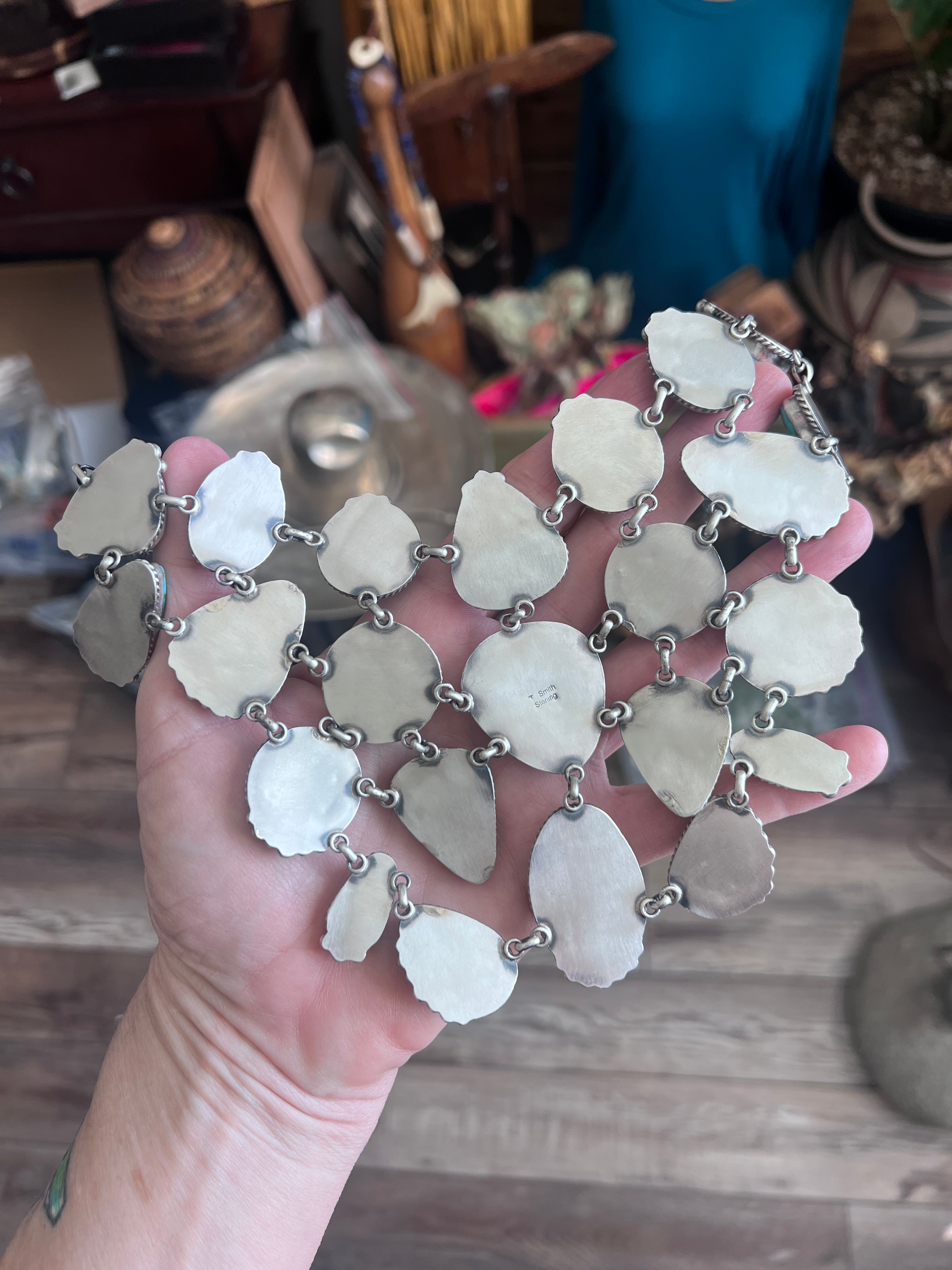 Intricate Handcrafted Sterling Silver and Sonoran Mountain Turquoise Bib Style Necklace with Earrings, Signed T. Smith