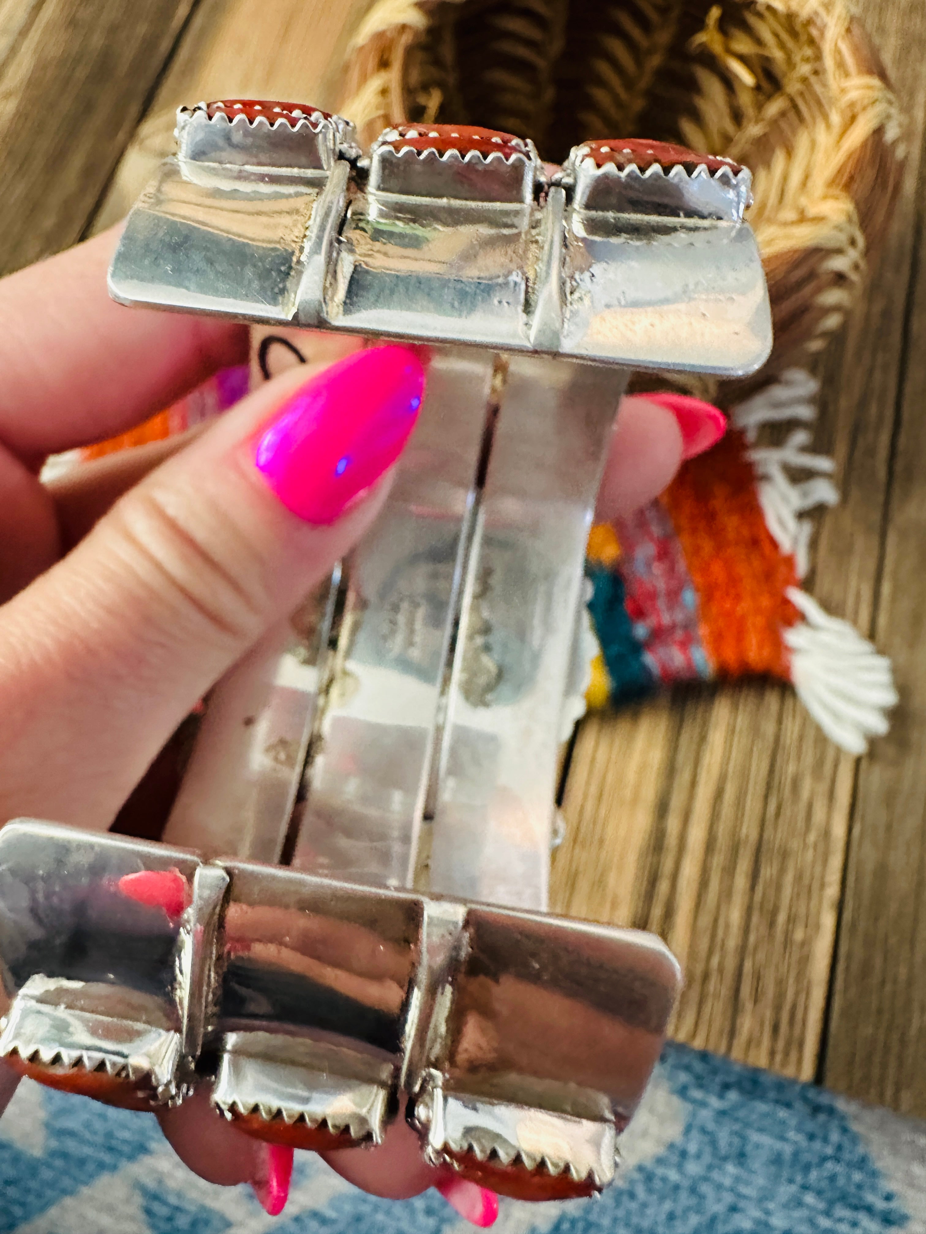 Handcrafted Coral, Turquoise & Sterling Silver Cluster Cuff Bracelet