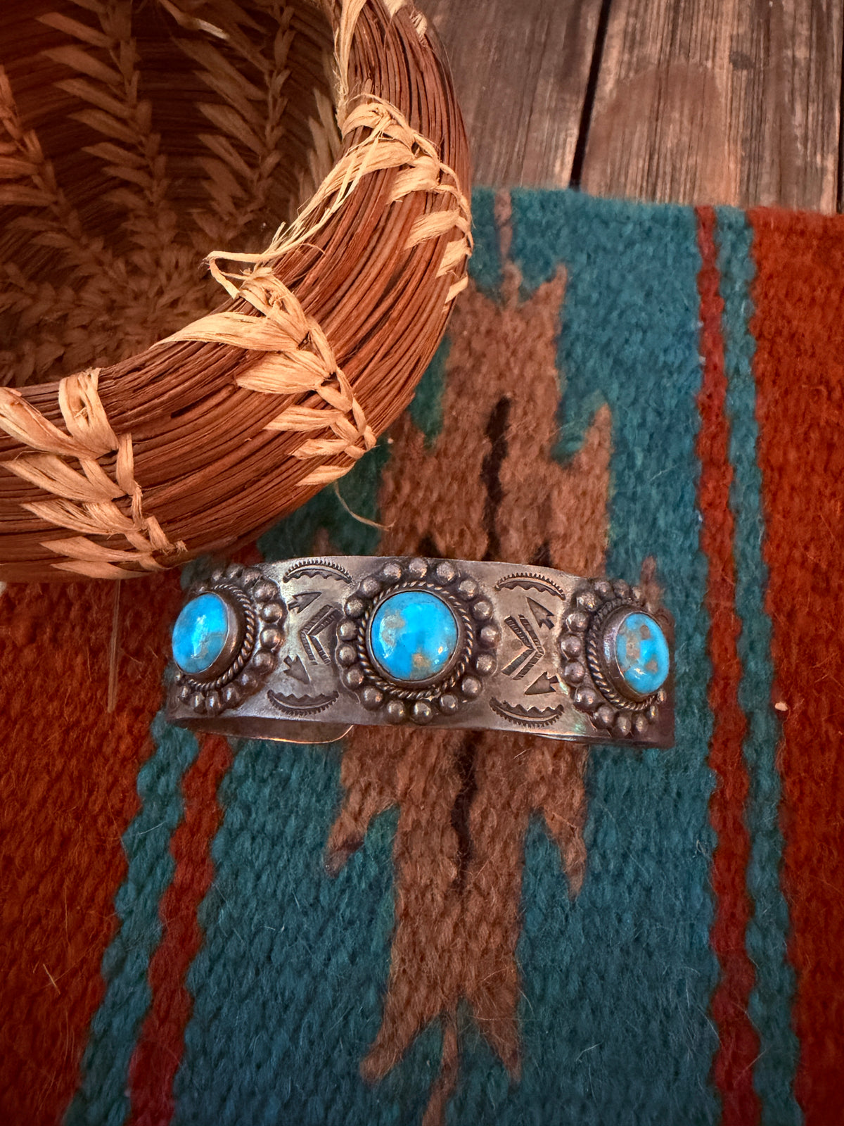 Handcrafted Old Pawn Sterling Silver & Turquoise Cuff Bracelet
