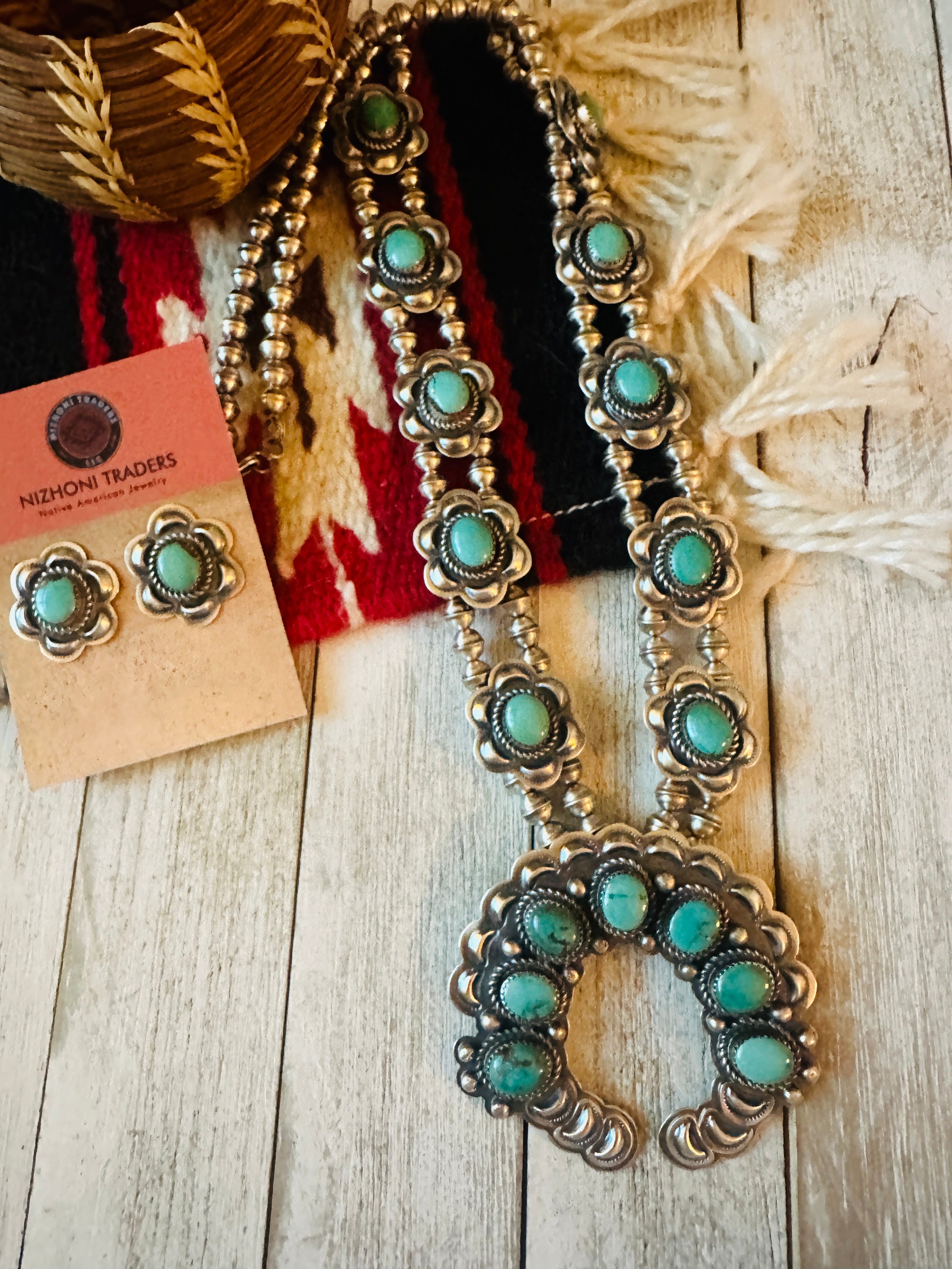 Vintage Old Pawn Navajo Turquoise & Sterling Silver Beaded Squash Blossom Necklace Set