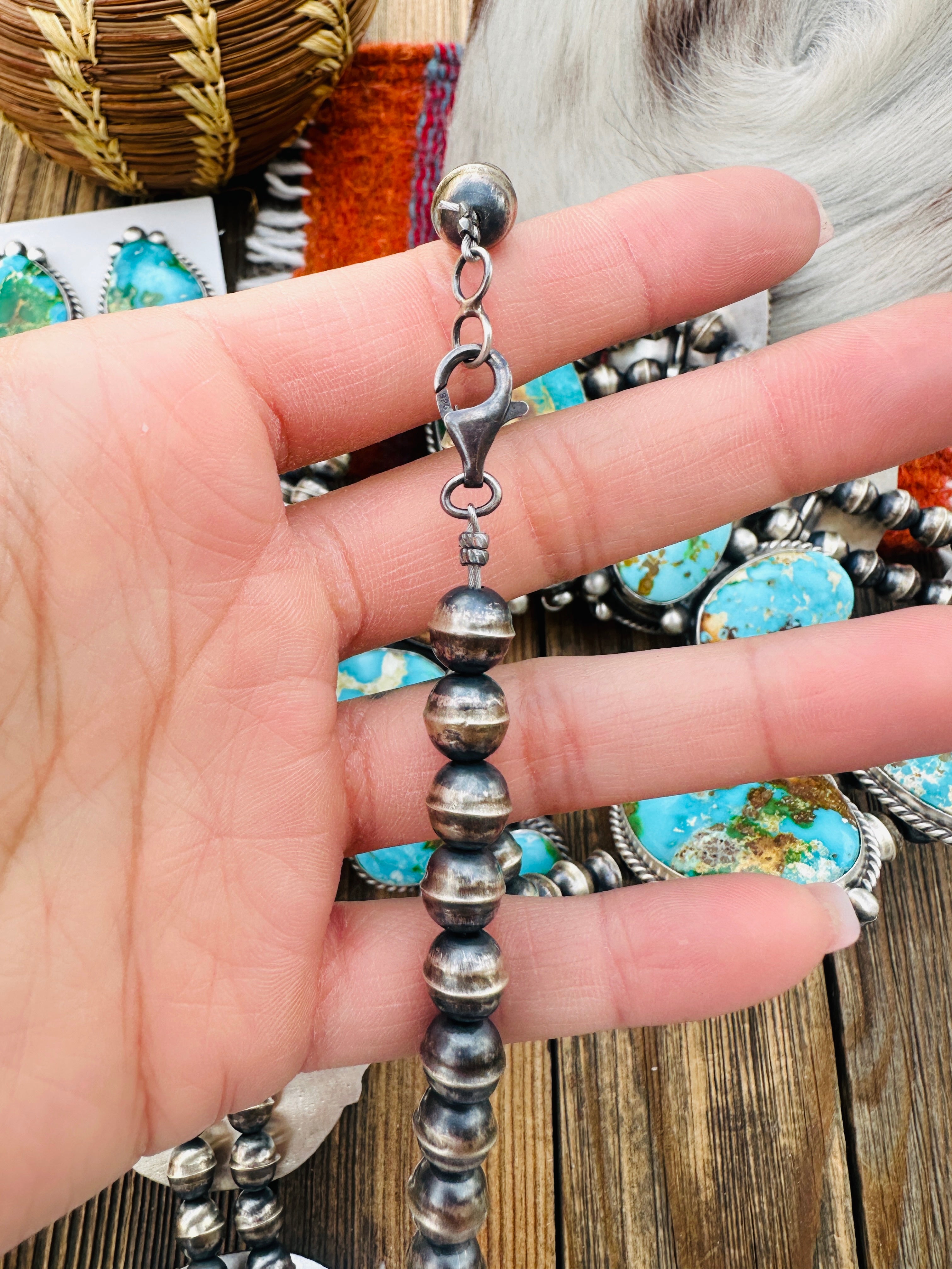 Handcrafted Sonoran Mountain Turquoise & Sterling Silver Squash Blossom Necklace and Earring Set