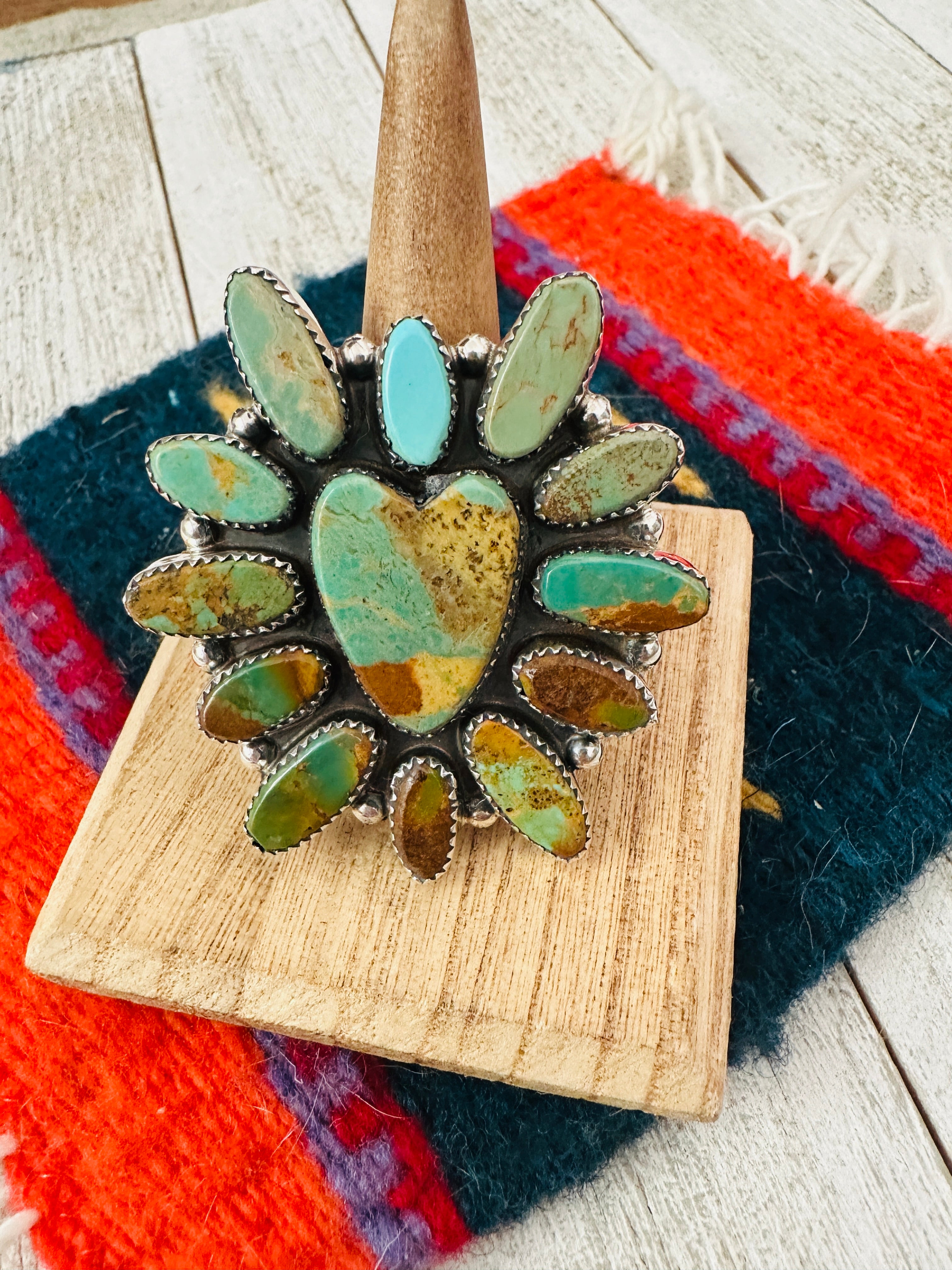 Navajo Royston Turquoise & Sterling Silver Adjustable Heart Cluster Ring