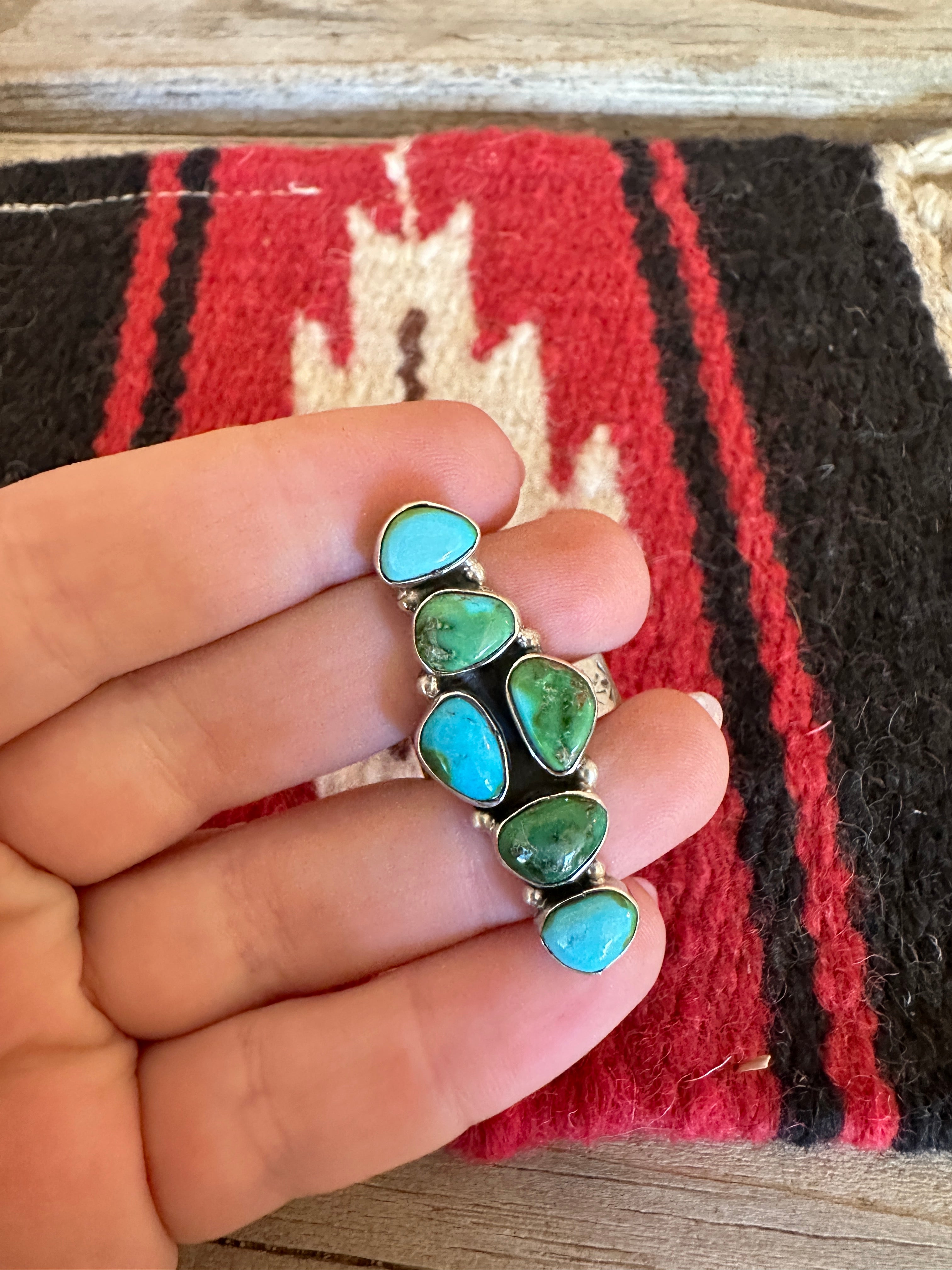 Beautiful Handmade Sonoran Mountain Turquoise And Sterling Silver Adjustable Cluster Ring