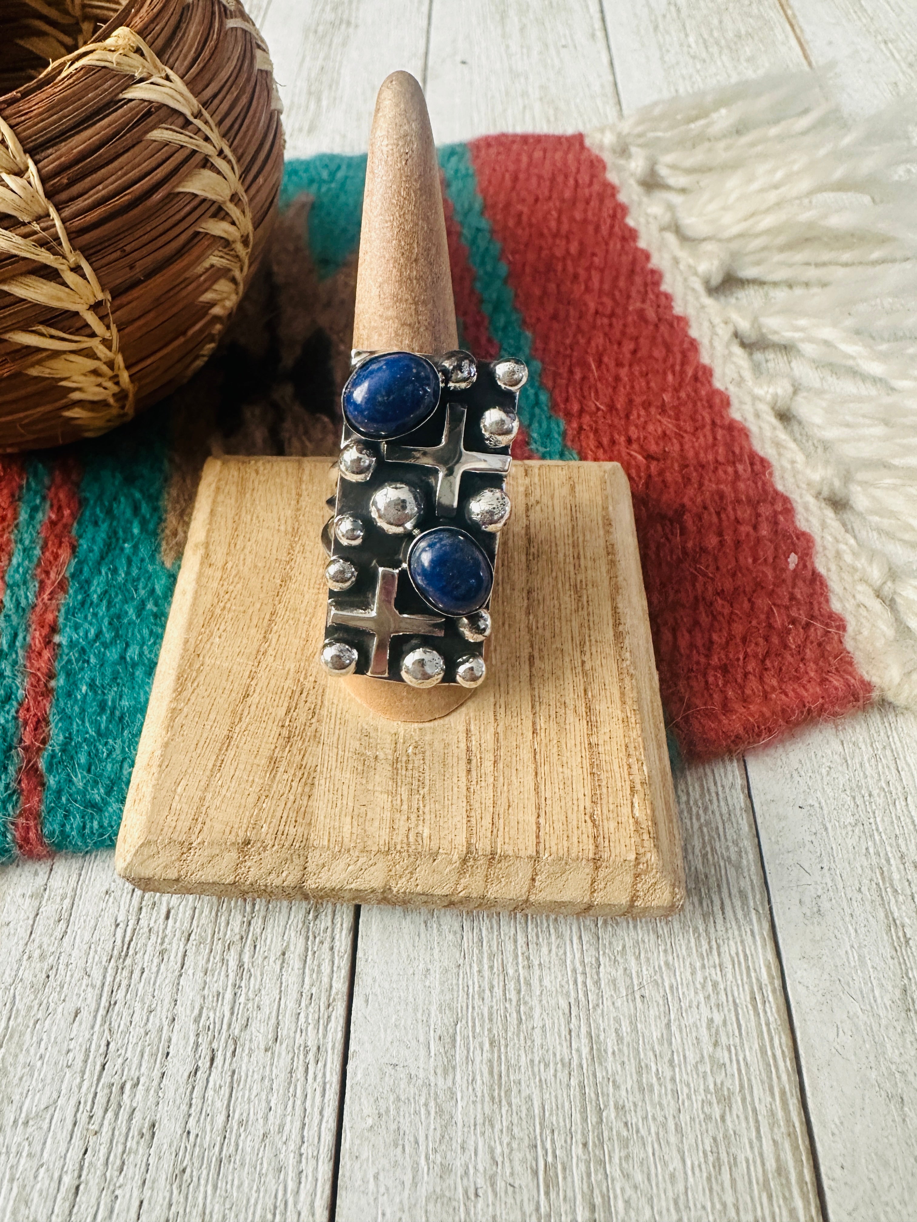 Navajo Lapis & Sterling Silver Cross Ring Size 8.25 by Chimney Butte