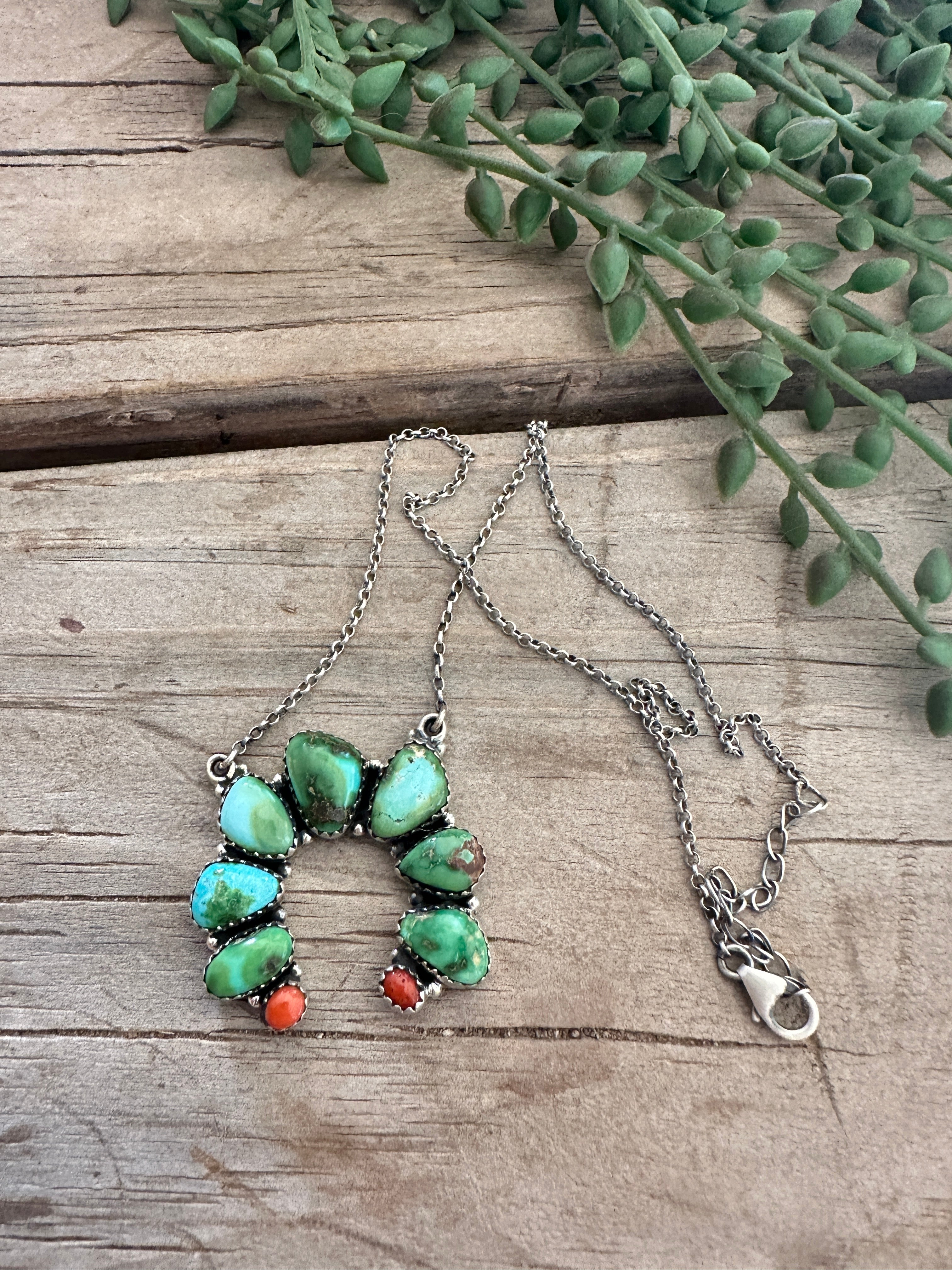 Beautiful Handmade Sterling Silver, Coral & Sonoran Turquoise Naja Necklace