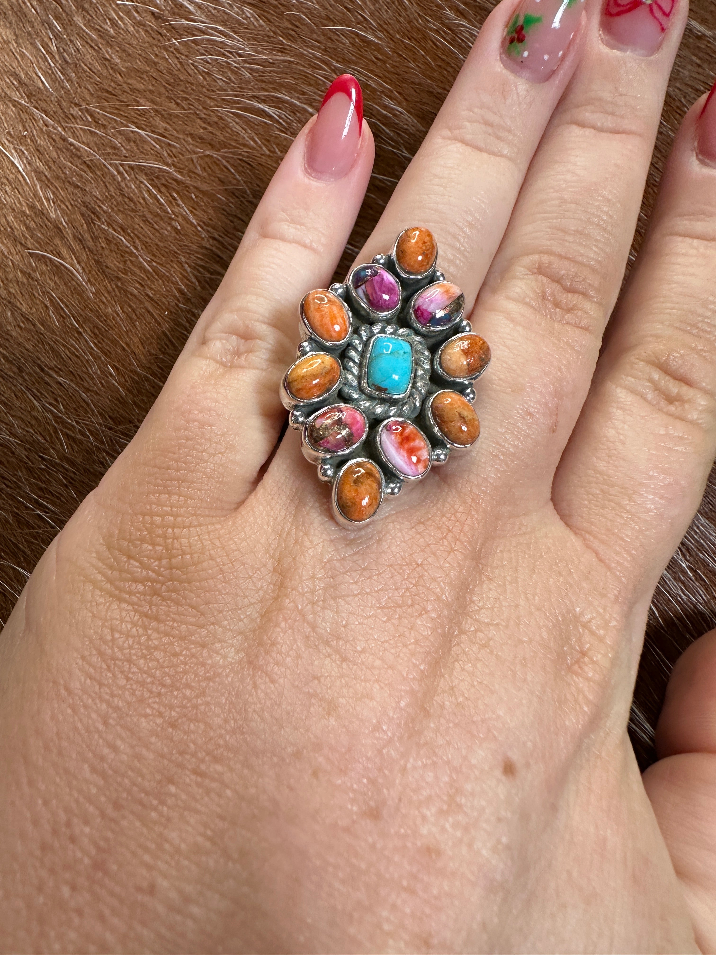 Handmade Pink Dream, Orange Mojave, Turquoise & Sterling Silver Adjustable Ring Signed Nizhoni