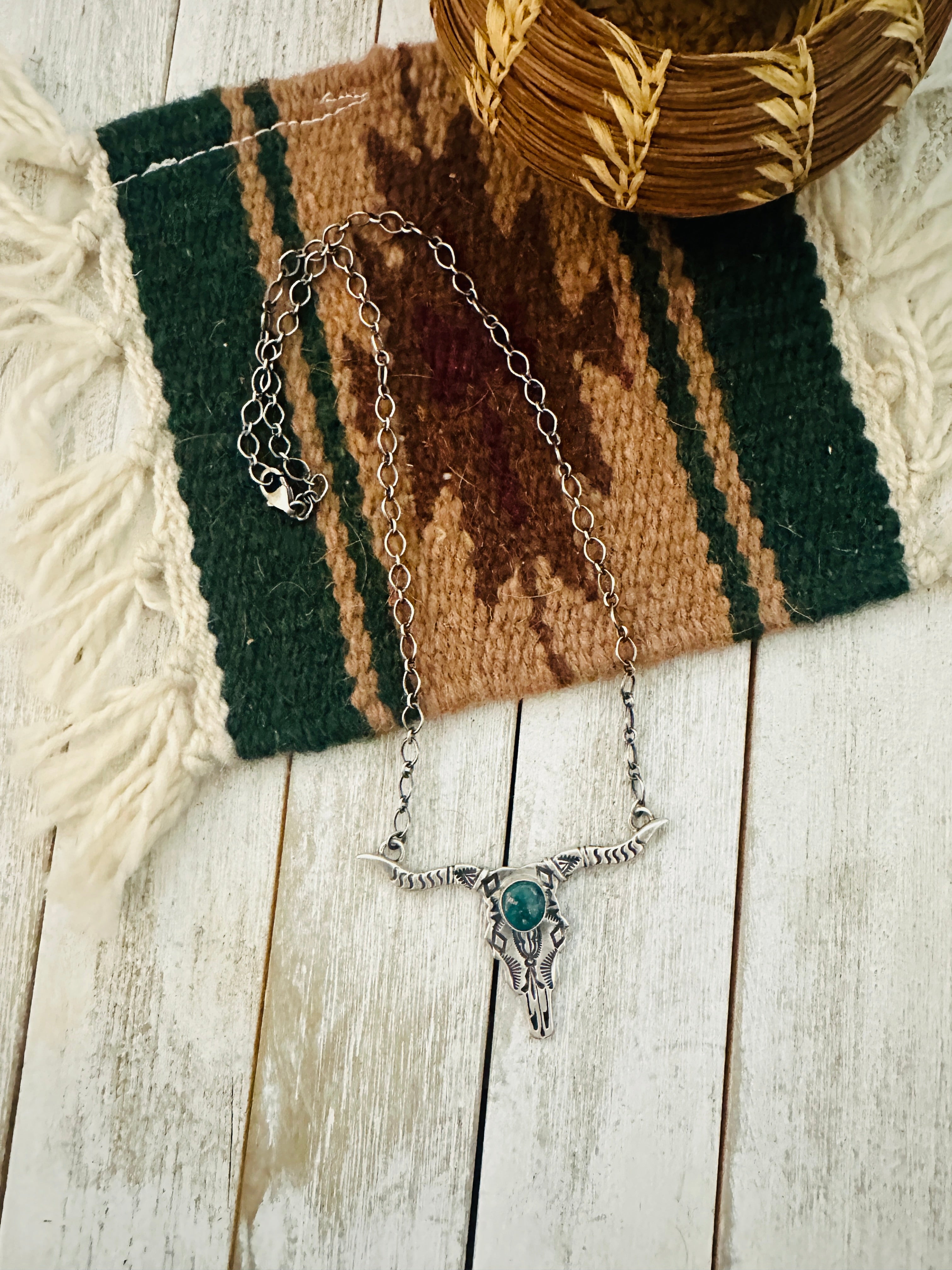 Navajo Sterling Silver & Turquoise Bullhead Necklace