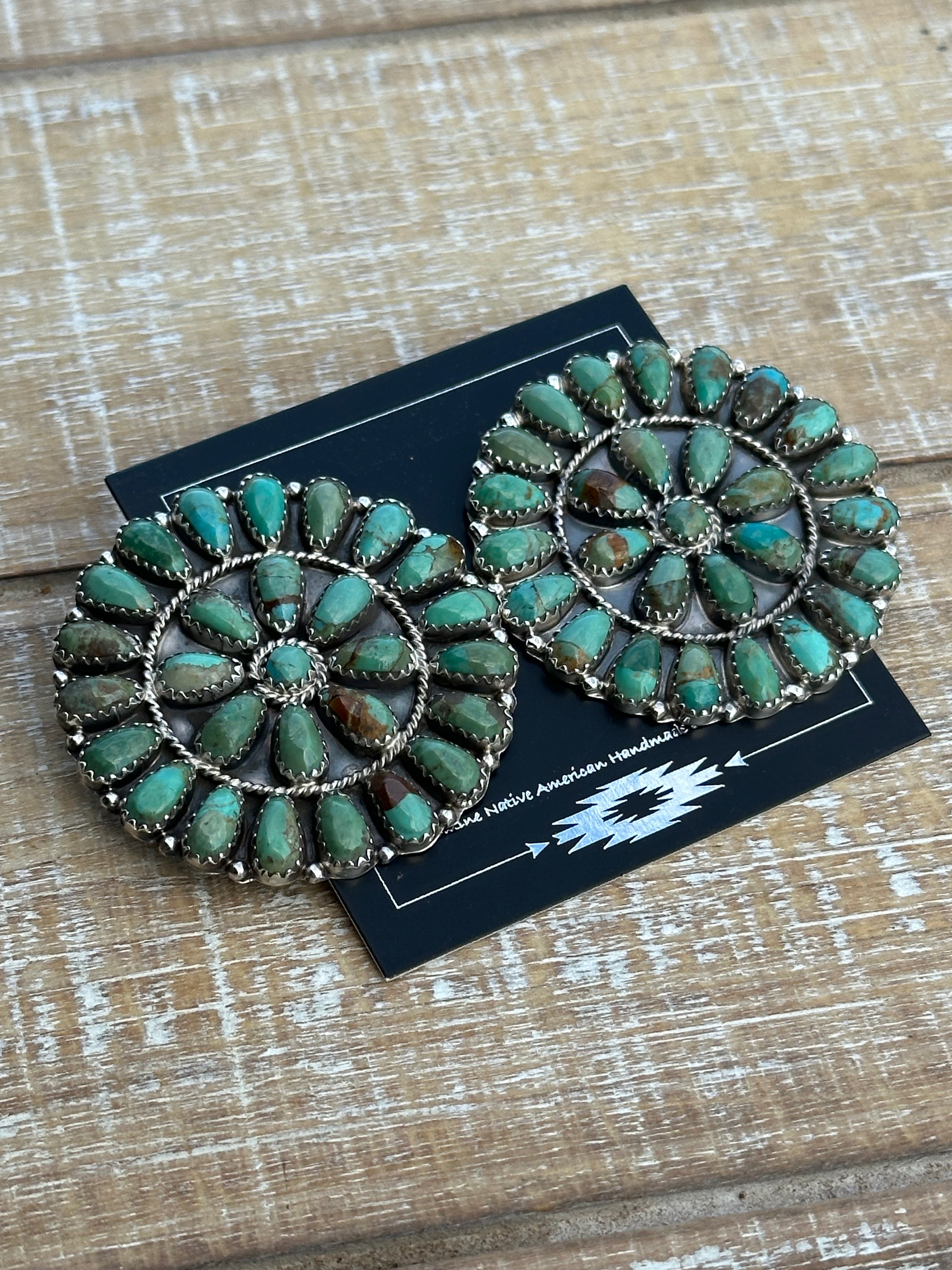 Navajo Sterling Silver & Royston Turquoise Cluster Earrings Signed