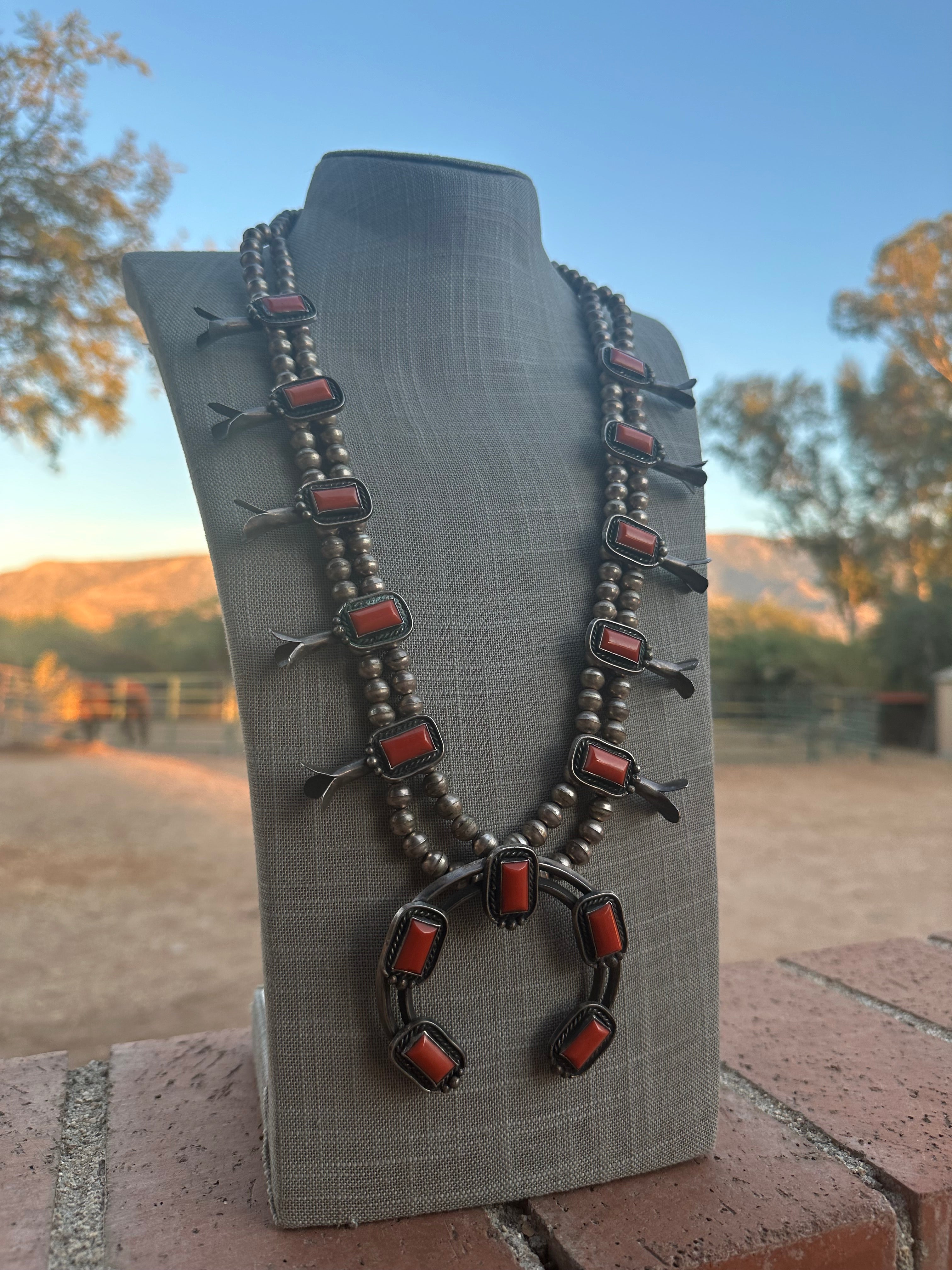 Vintage Navajo Coral & Sterling Silver Squash Blossom Necklace