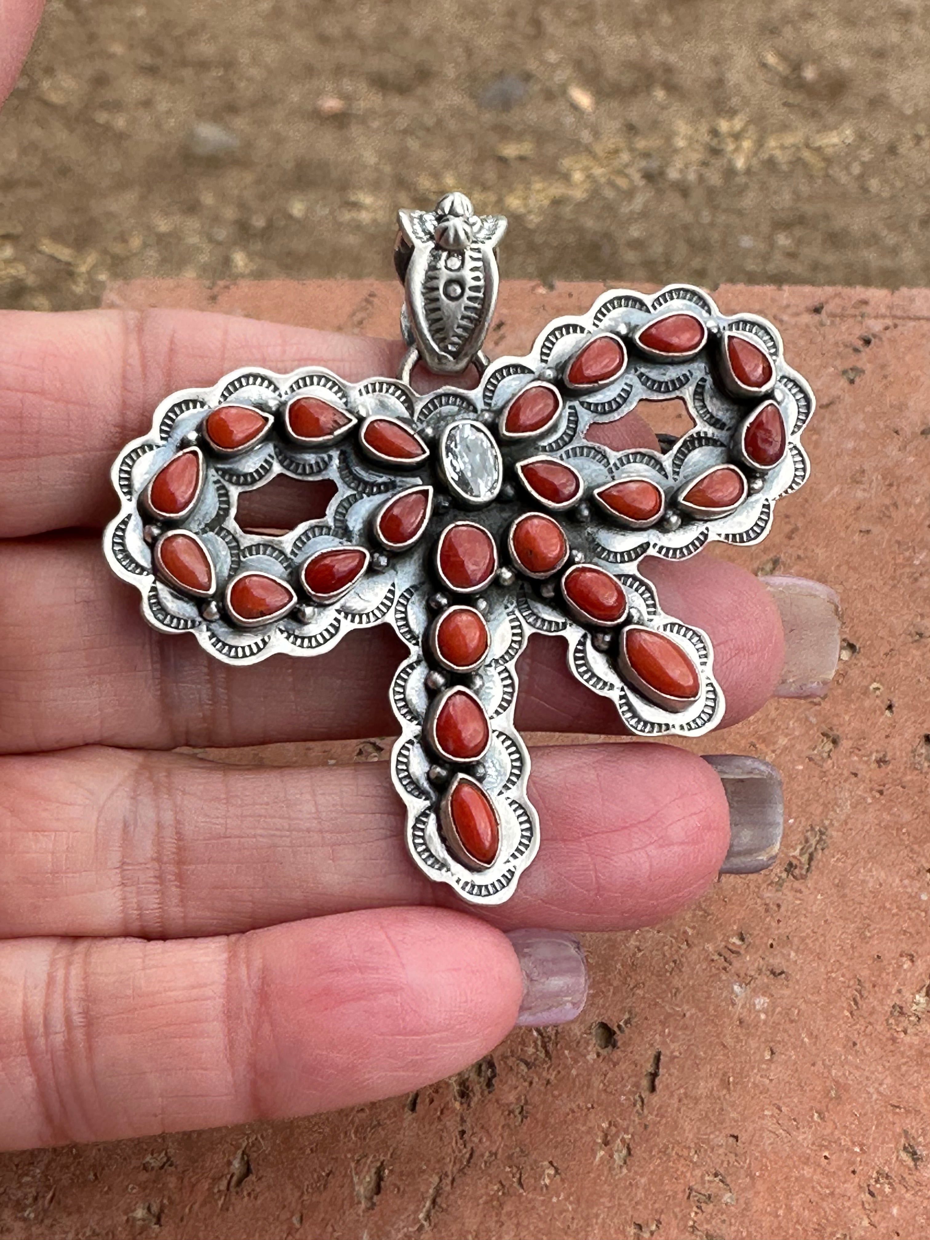 Handmade Sterling Silver and Coral Christmas Bow Pendant