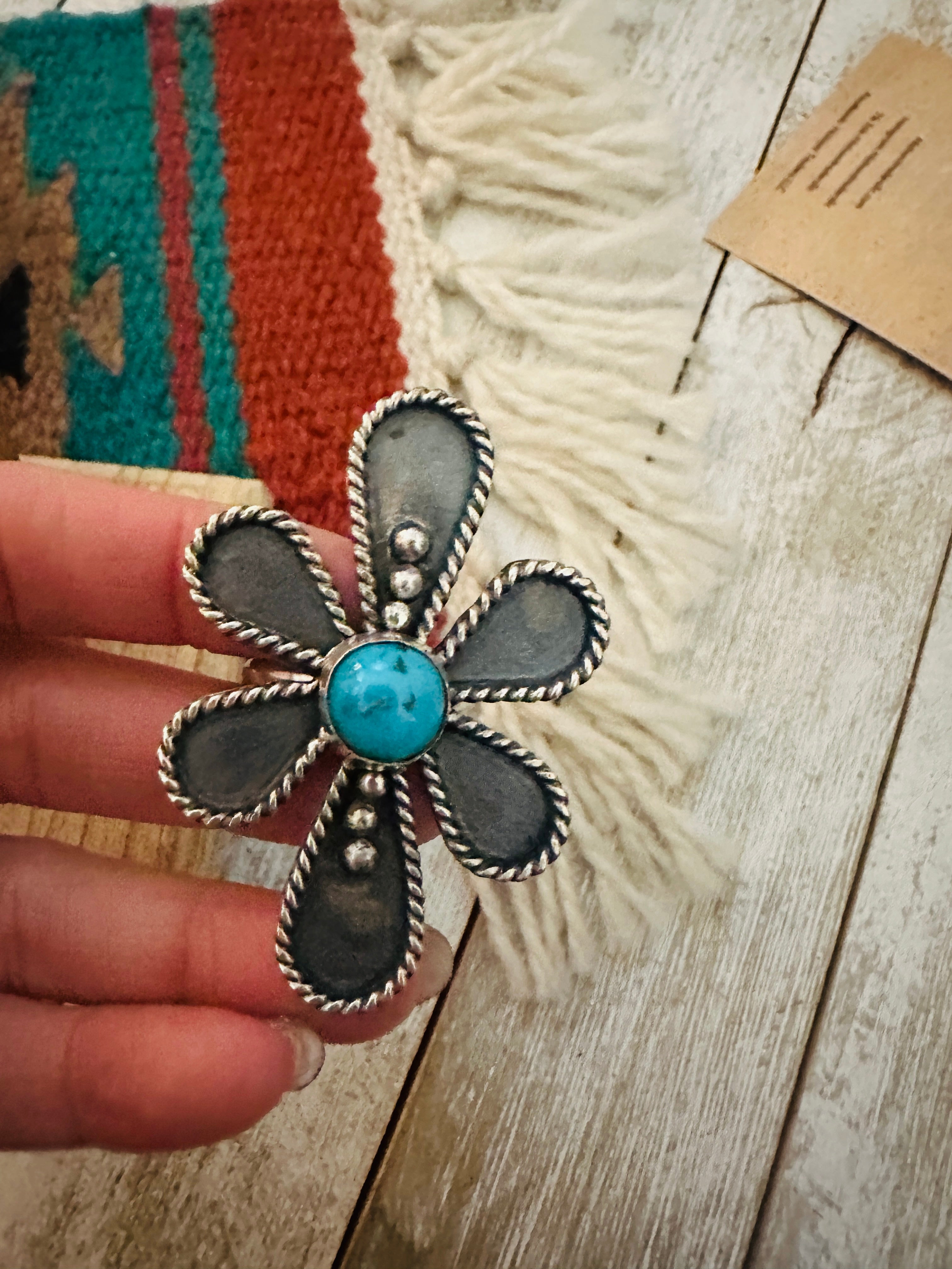 Navajo Sterling Silver And White Buffalo Adjustable Flower Ring